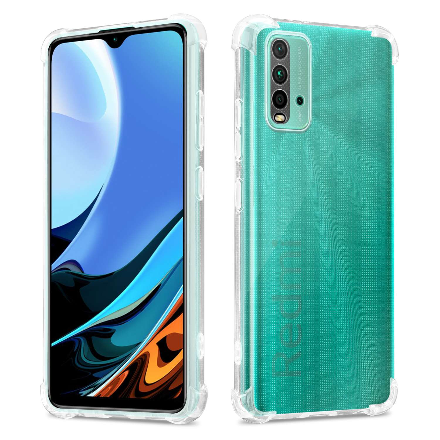 Dos vistas de una funda. Transparente con teléfono turquesa. Marco protector.