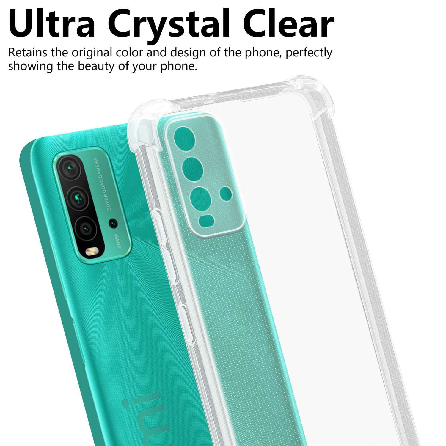 Una funda transparente para teléfono en un teléfono verde azulado, con el texto 'Ultra Crystal Clear'.