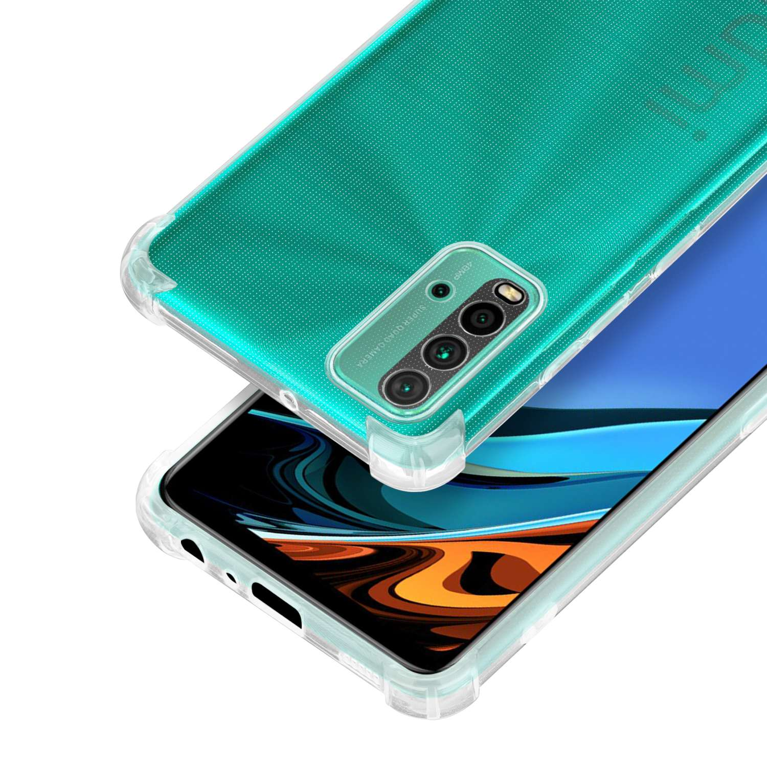 Funda de teléfono sobre un teléfono. Funda transparente con parte trasera turquesa y contorno de cámara.