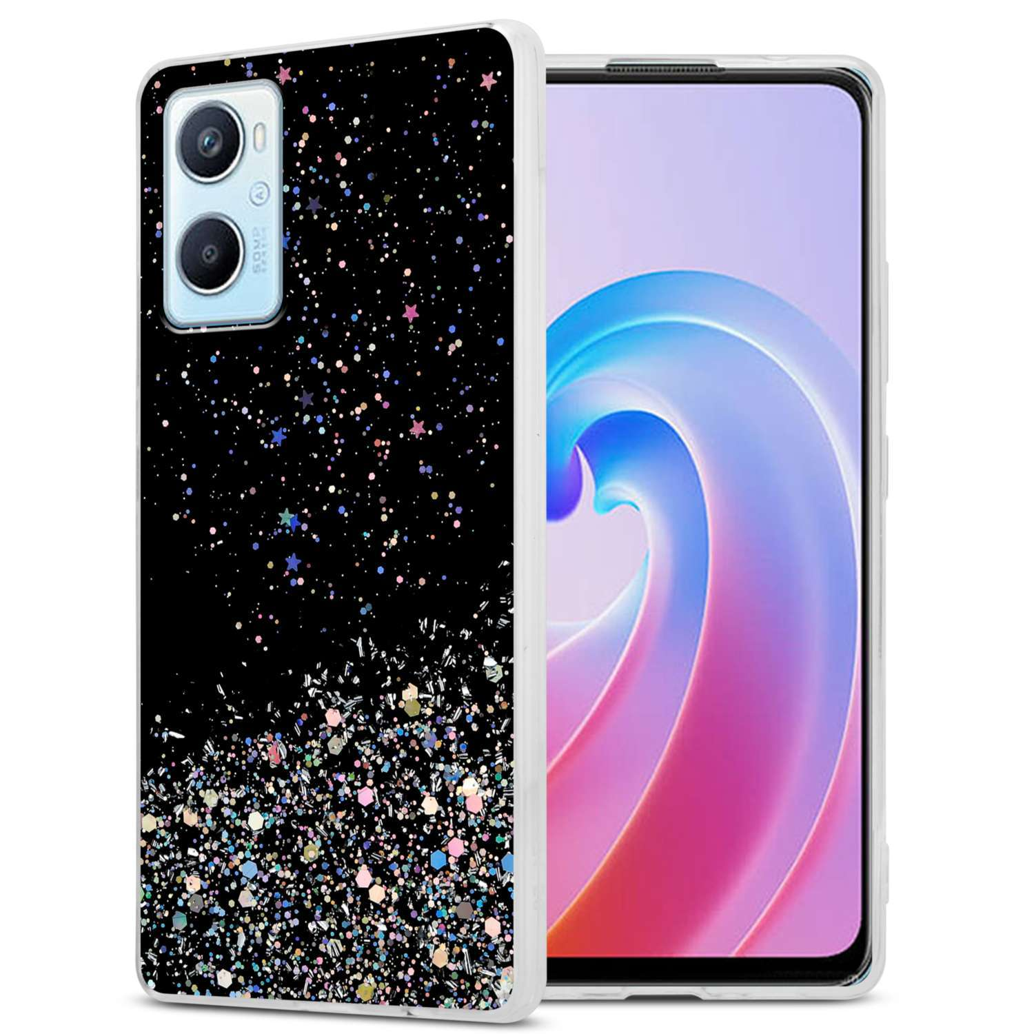 Telefono con custodia nera glitterata. La custodia ha glitter su sfondo bianco.