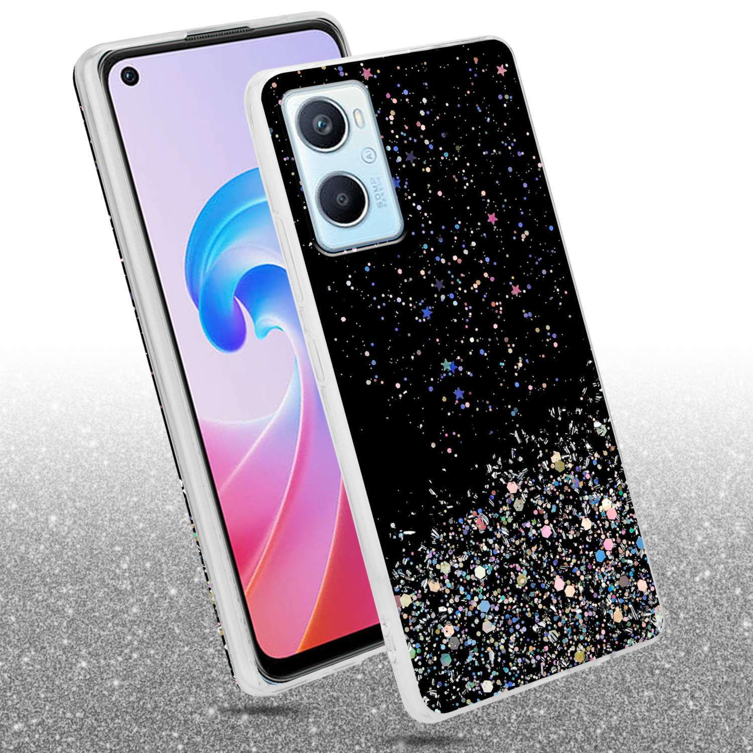Uno smartphone con una custodia nera scintillante. Il telefono è su una superficie riflettente.