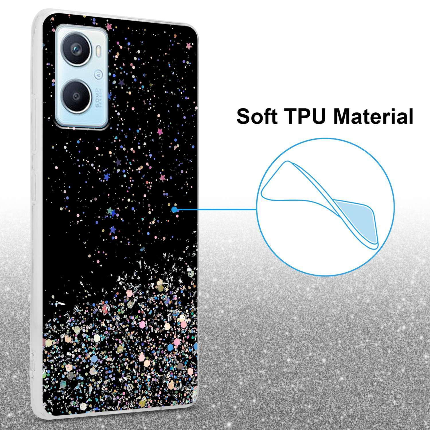 Custodia nera con design glitterato e le parole 'Soft TPU Material'.