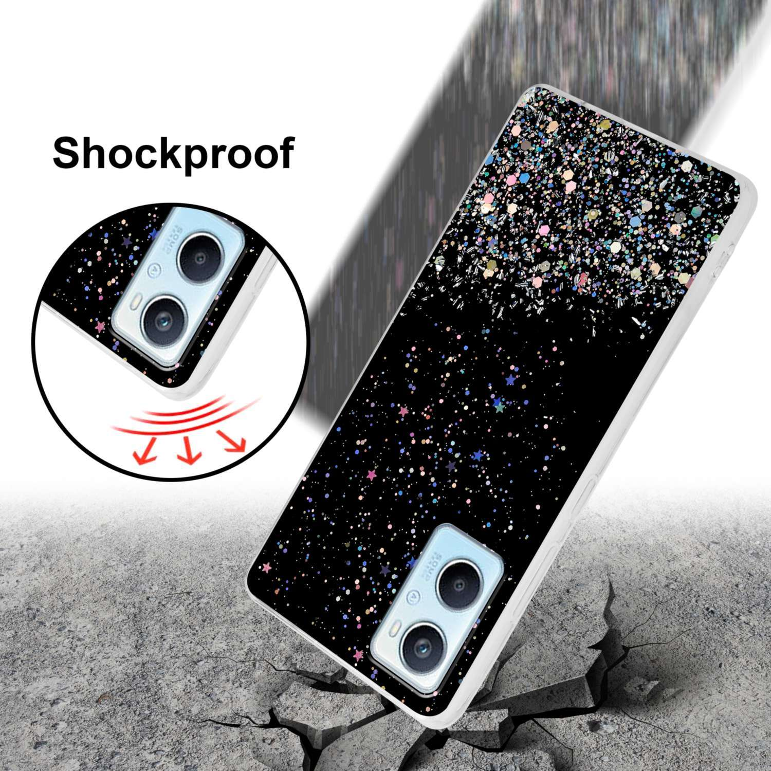Custodia per telefono con design glitterato nero. Inclinata su superficie fratturata. Testo 'Shockproof'.