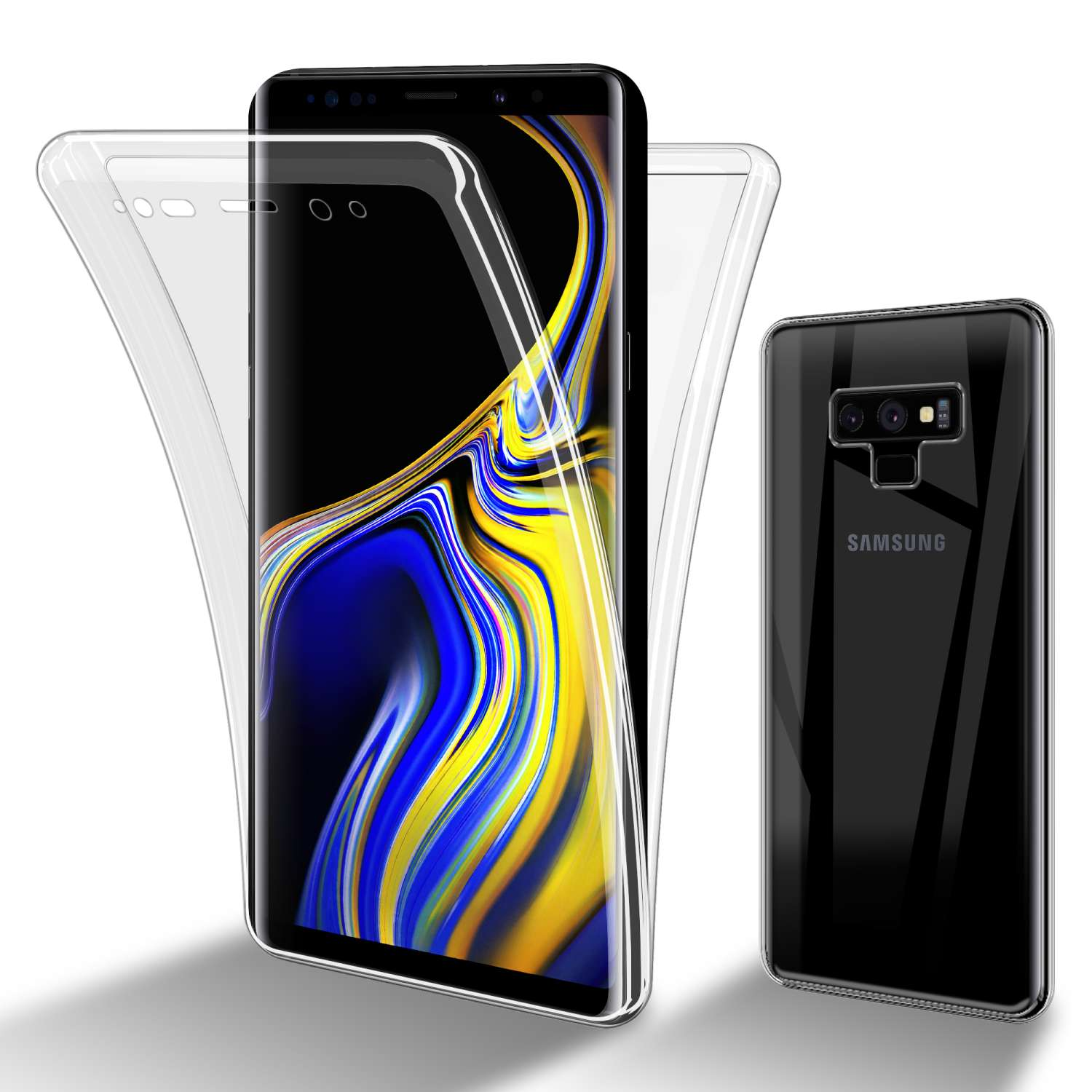 Un telefono con una custodia trasparente e una custodia accanto su sfondo bianco.