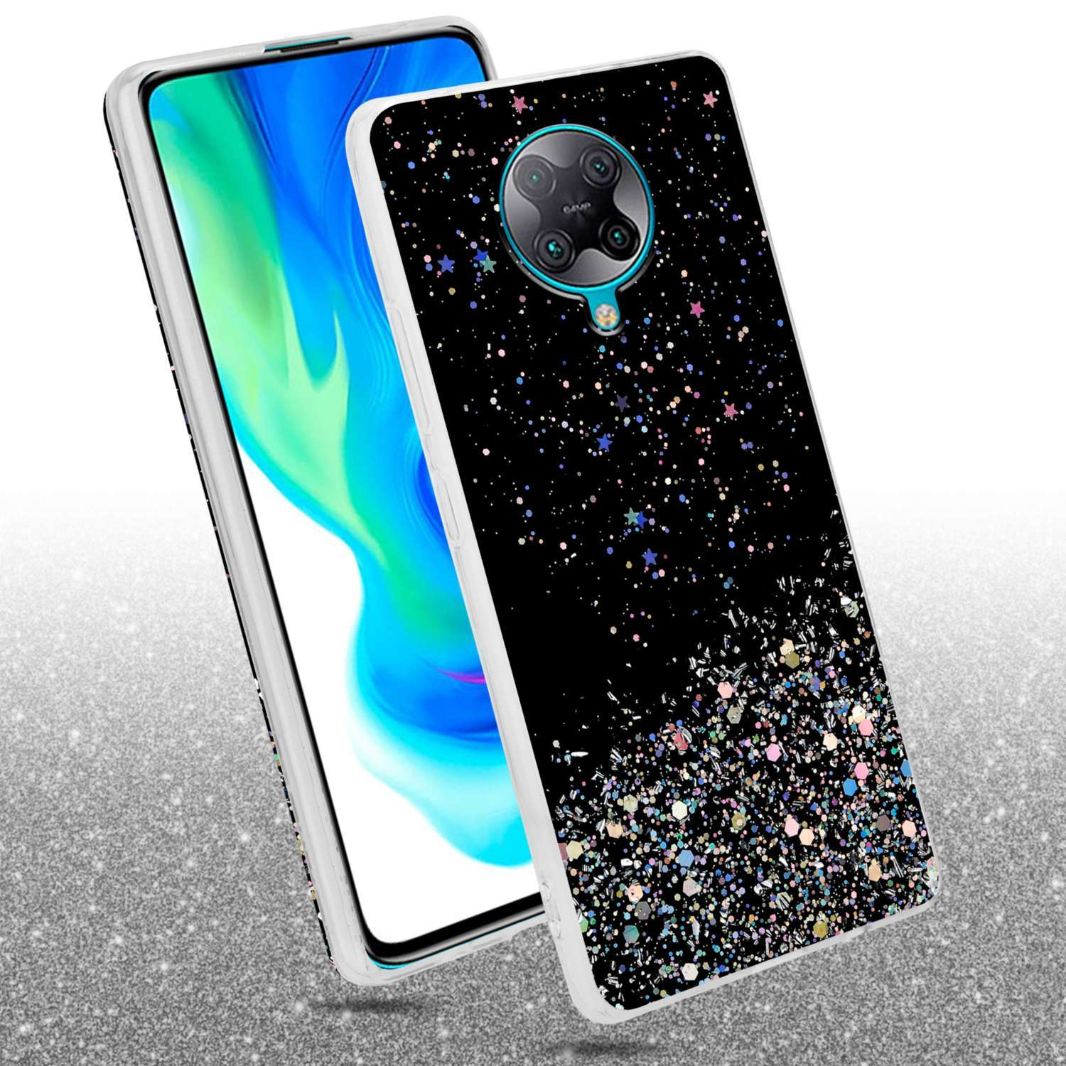 Una custodia per telefono nera ricoperta di glitter. La custodia è su una superficie argentata lucida.