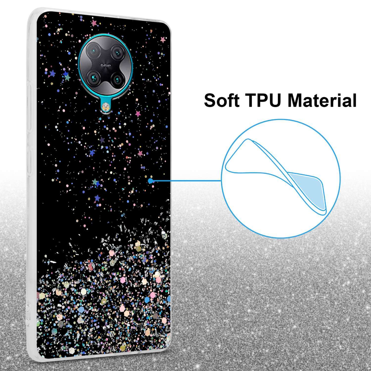 Custodia nera con design scintillante, cerchio blu e scritta 'Soft TPU Material'.