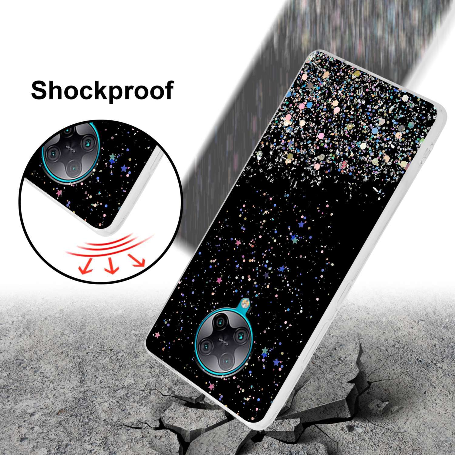 Custodia nera per telefono su superficie incrinata, con design glitterato. Il testo 'Antishock' è visibile.