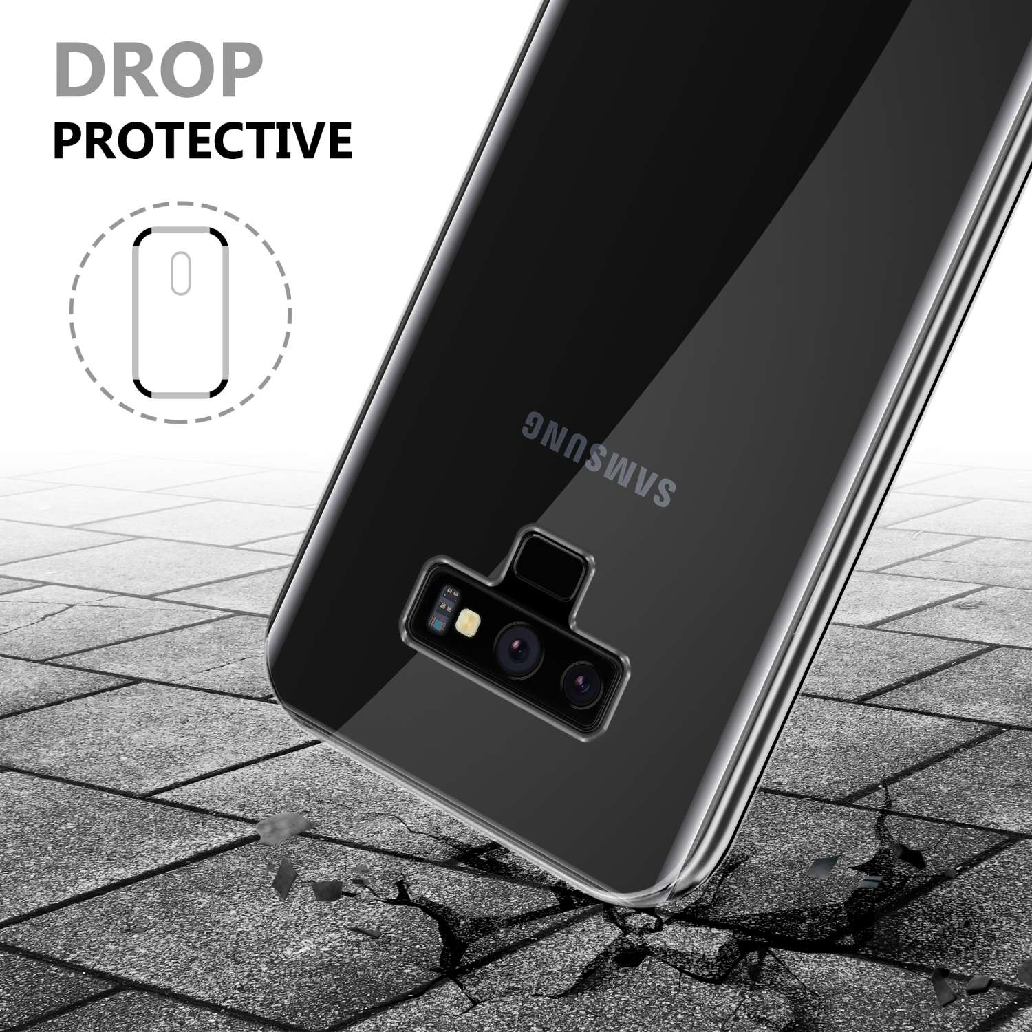 Custodia trasparente per telefono su una superficie incrinata, con testo 'DROP PROTECTIVE'. Un telefono dentro.