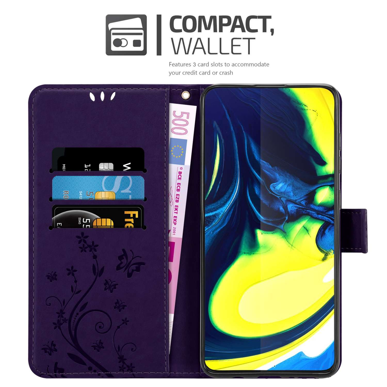 Custodia viola con telefono, carte e denaro. Design floreale.
