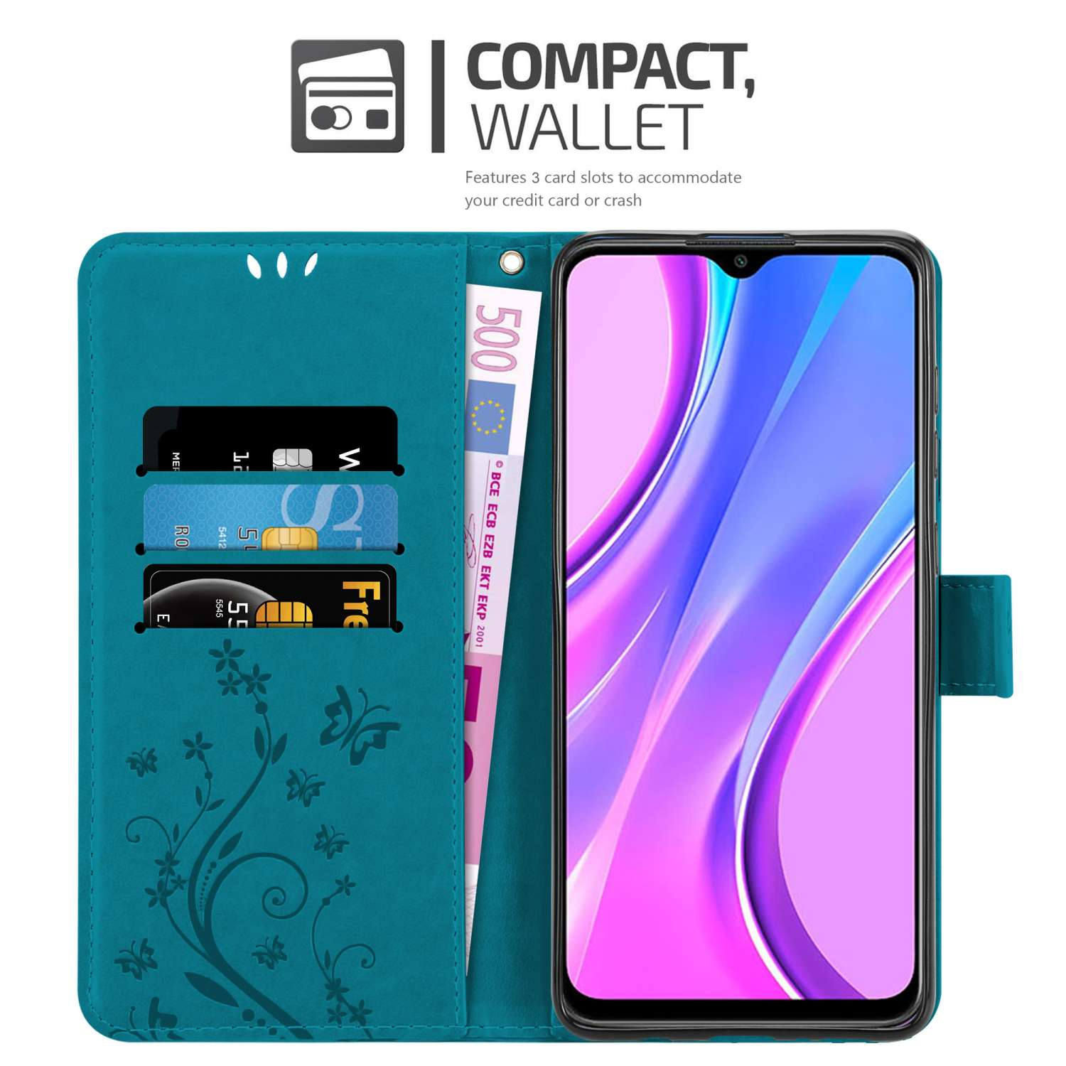 Custodia a portafoglio turchese con telefono, carte e contanti all'interno. Design a farfalla.