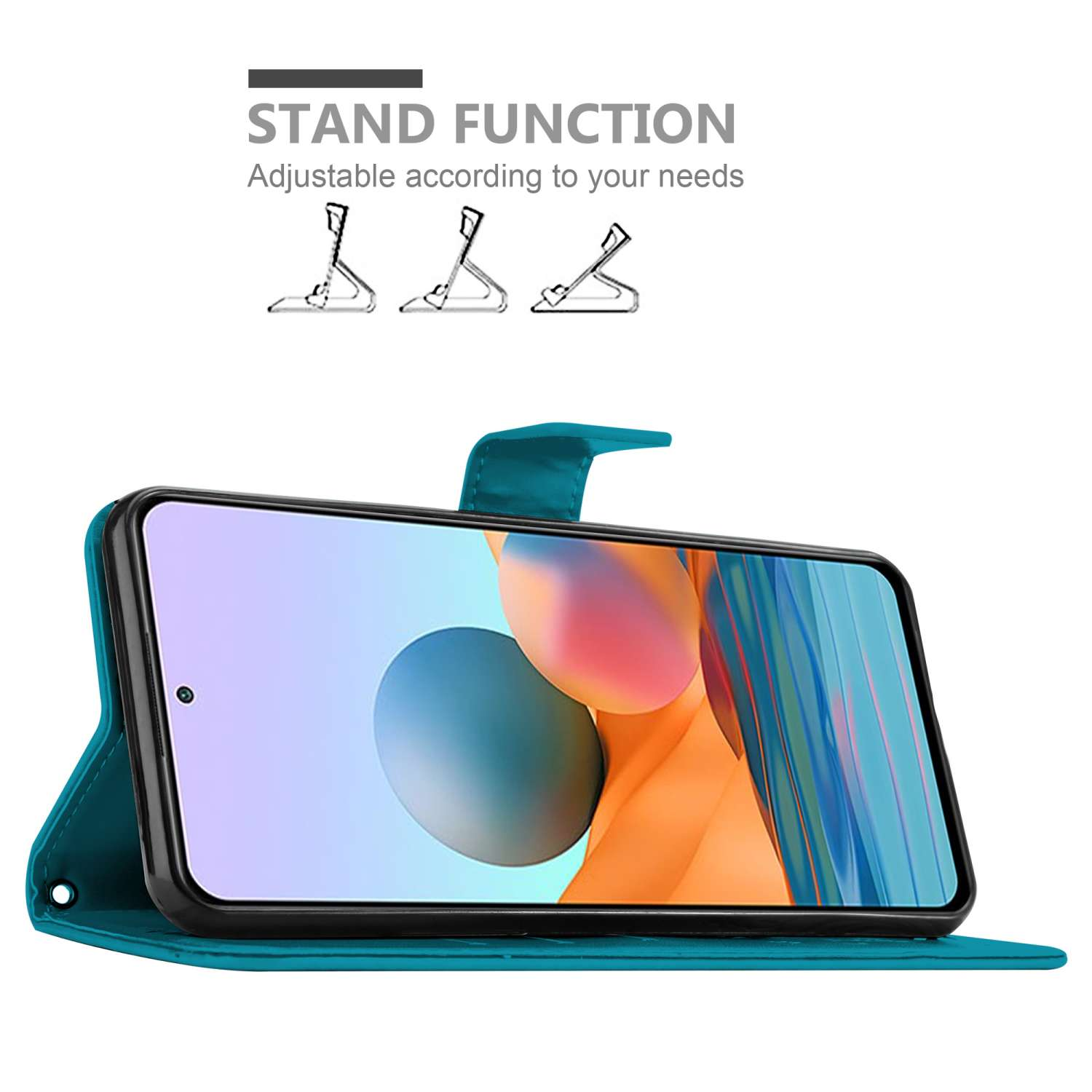 Custodia per telefono color teal con telefono, che mostra una funzione di supporto, su sfondo bianco.