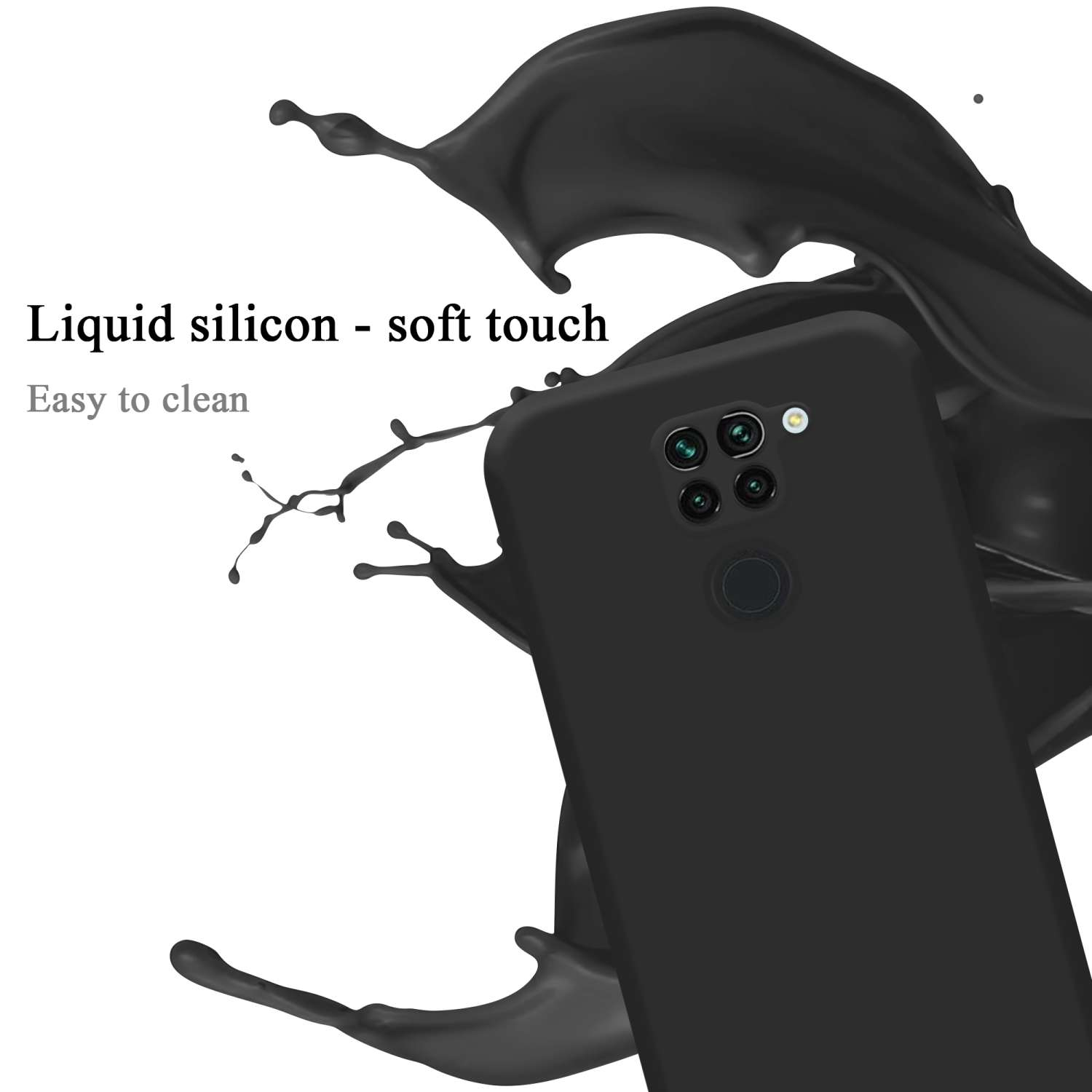 Custodia per telefono nera, spruzzo di liquido nero, telefono all'interno. Primo piano, sfondo bianco.