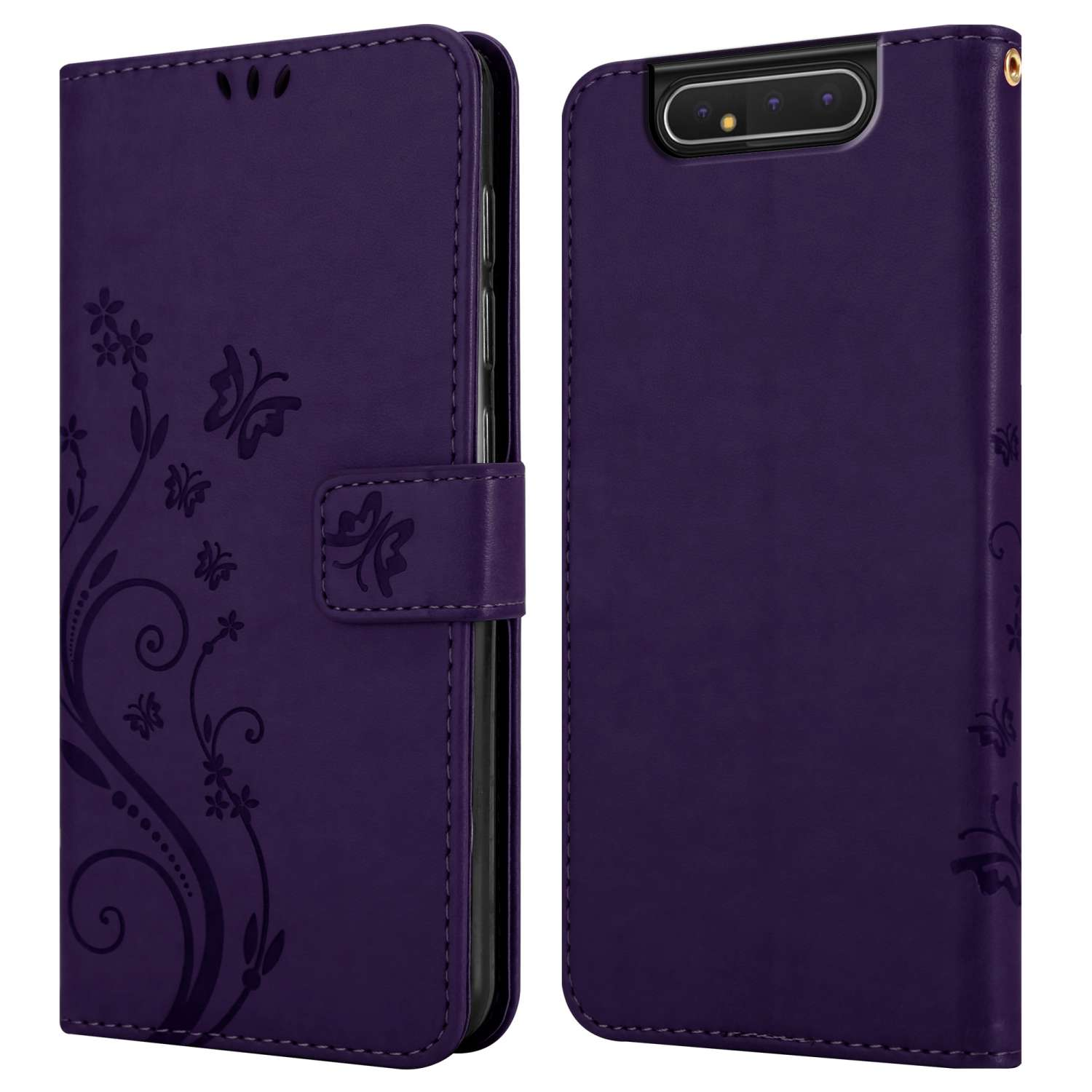 Custodia per telefono viola. Caratteristiche design a farfalla e chiusura magnetica. Viste aperte e chiuse mostrate.