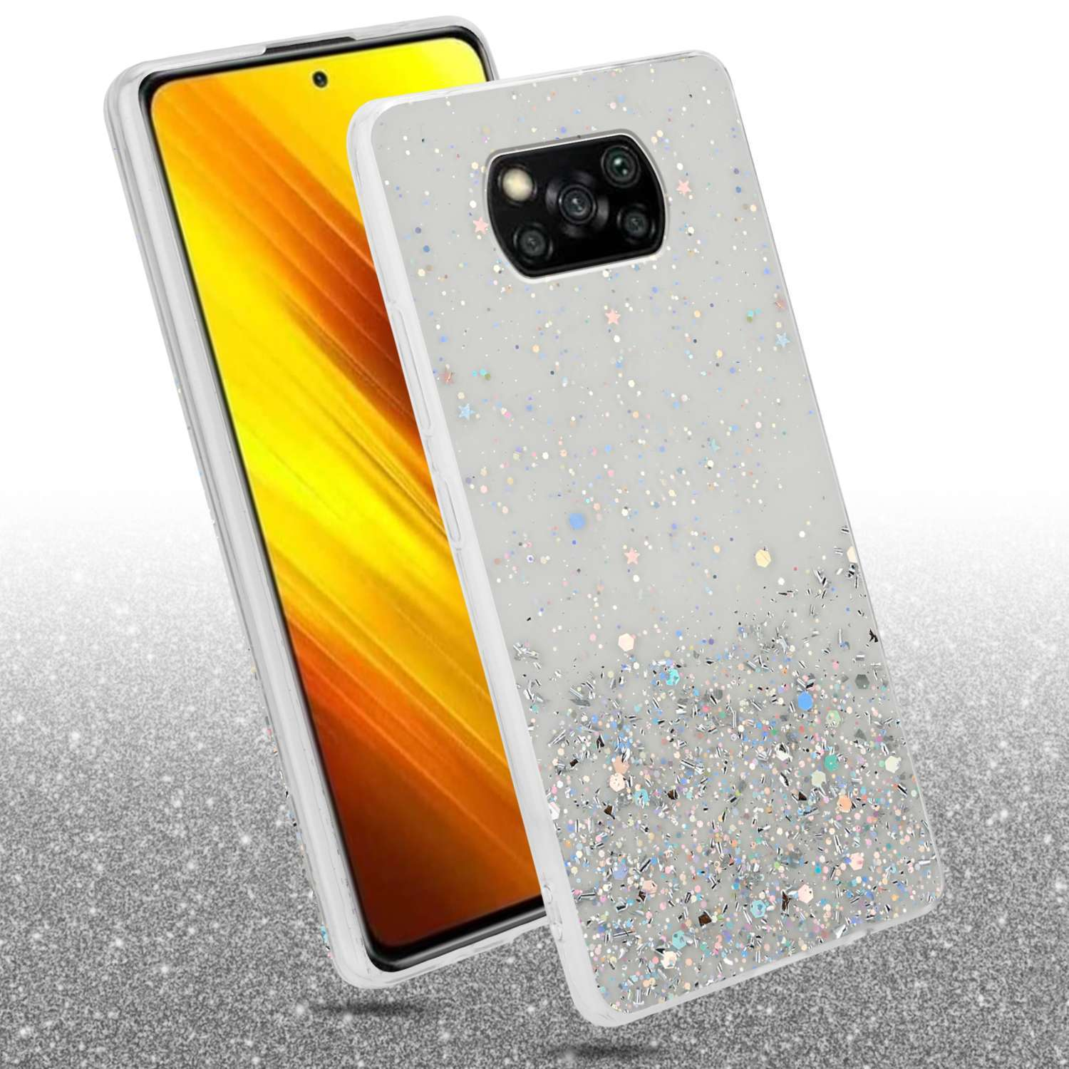 Custodia per telefono con design glitterato. Un telefono è visibile all'interno.