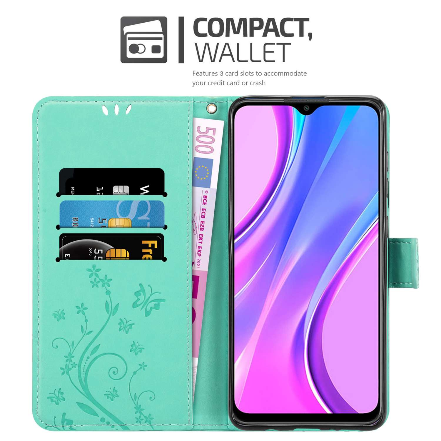 Custodia per telefono verde menta aperta, che mostra carte e un telefono. Il telefono mostra una sfumatura rosa e viola.