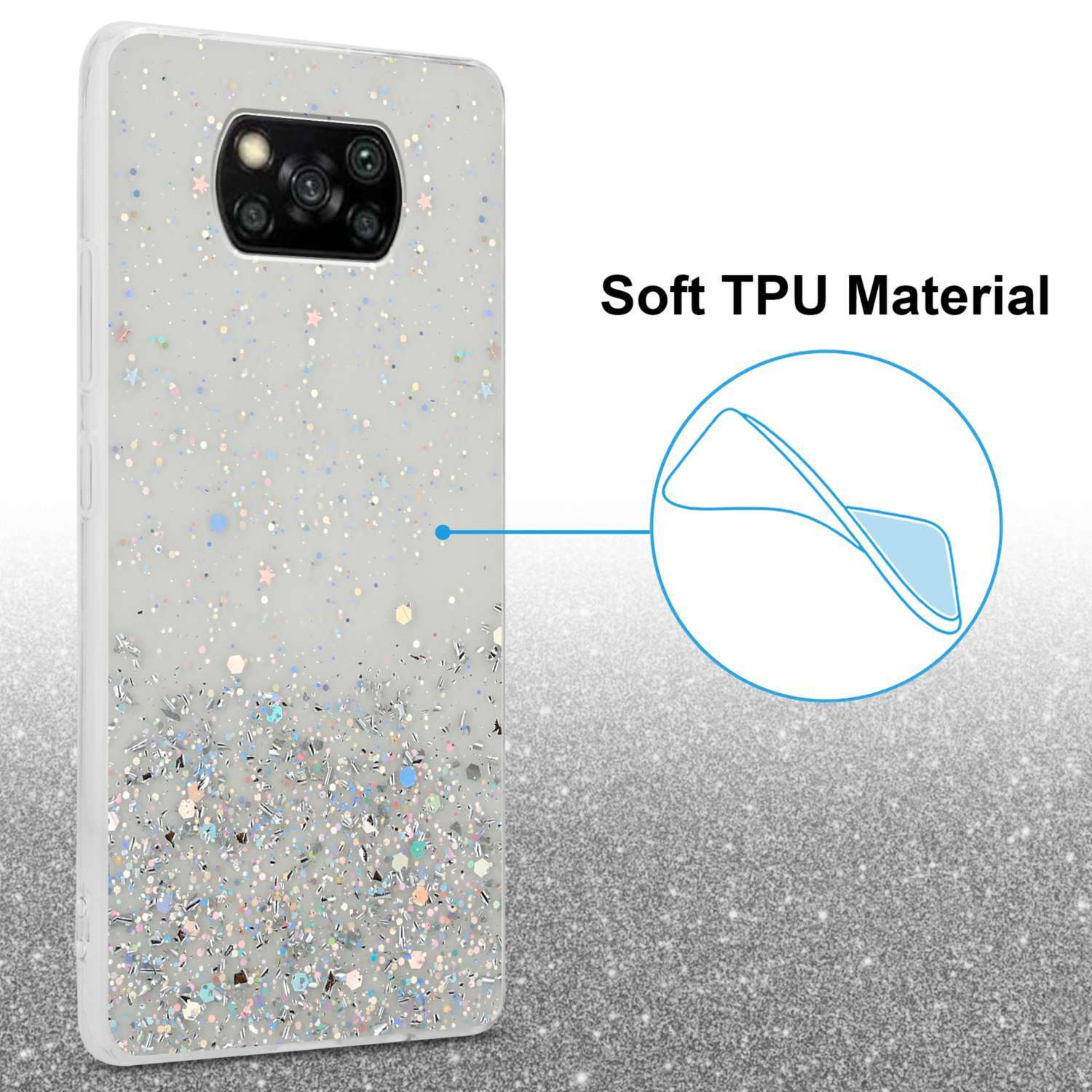 Custodia per telefono scintillante con testo 'Soft TPU Material' e area blu evidenziata.