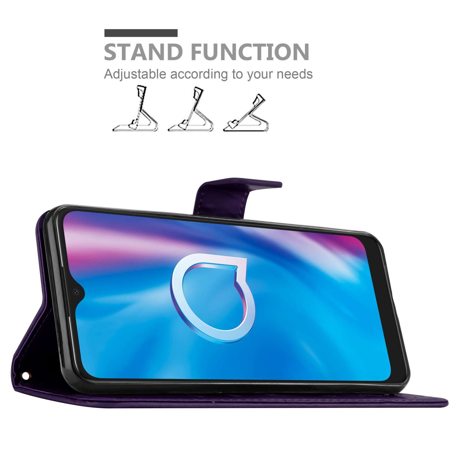 Un telefono in una custodia viola, aperto per mostrare lo schermo. Include dettagli della funzione supporto.