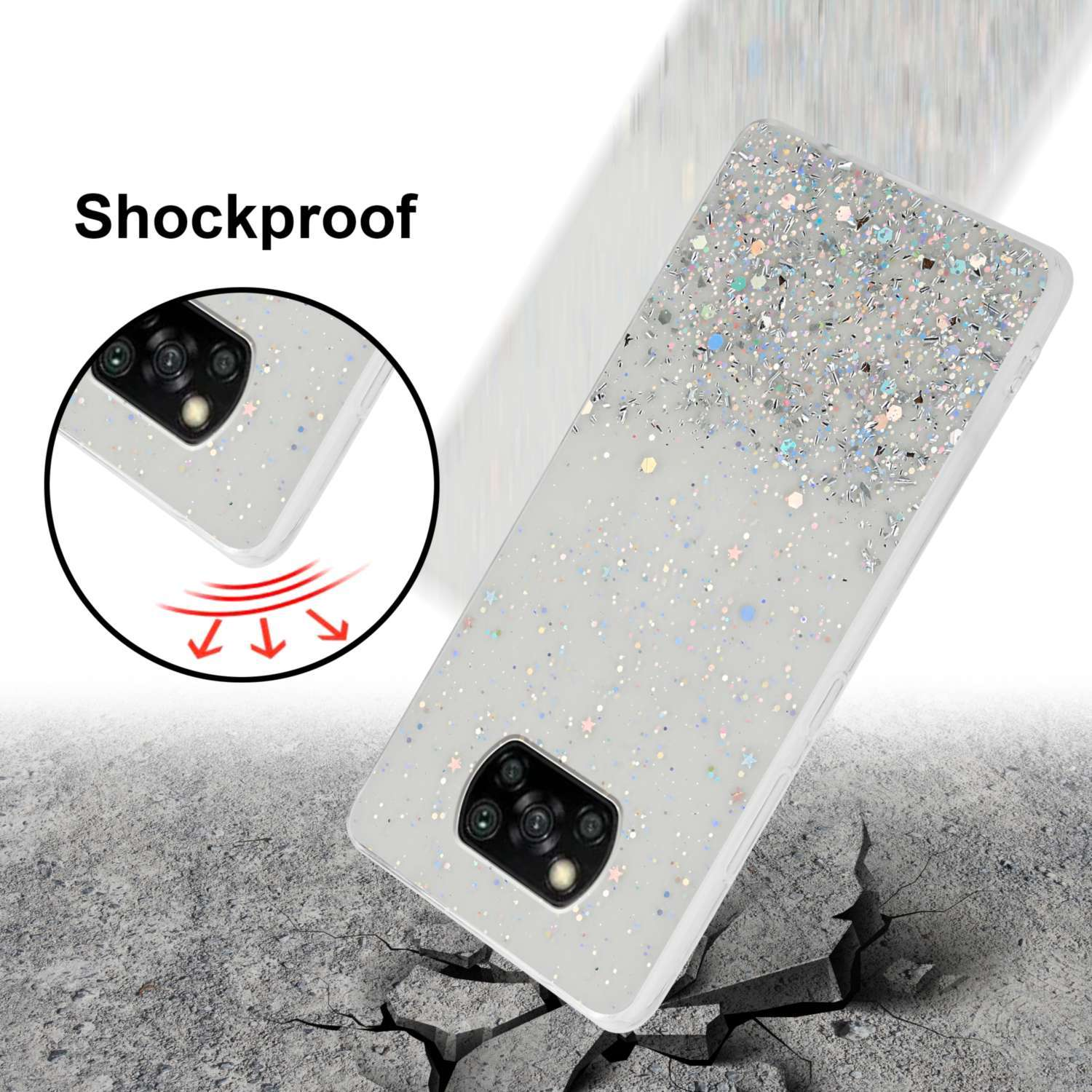Custodia per telefono antiurto su terreno crepato, design glitterato. Un dettaglio della custodia è mostrato.