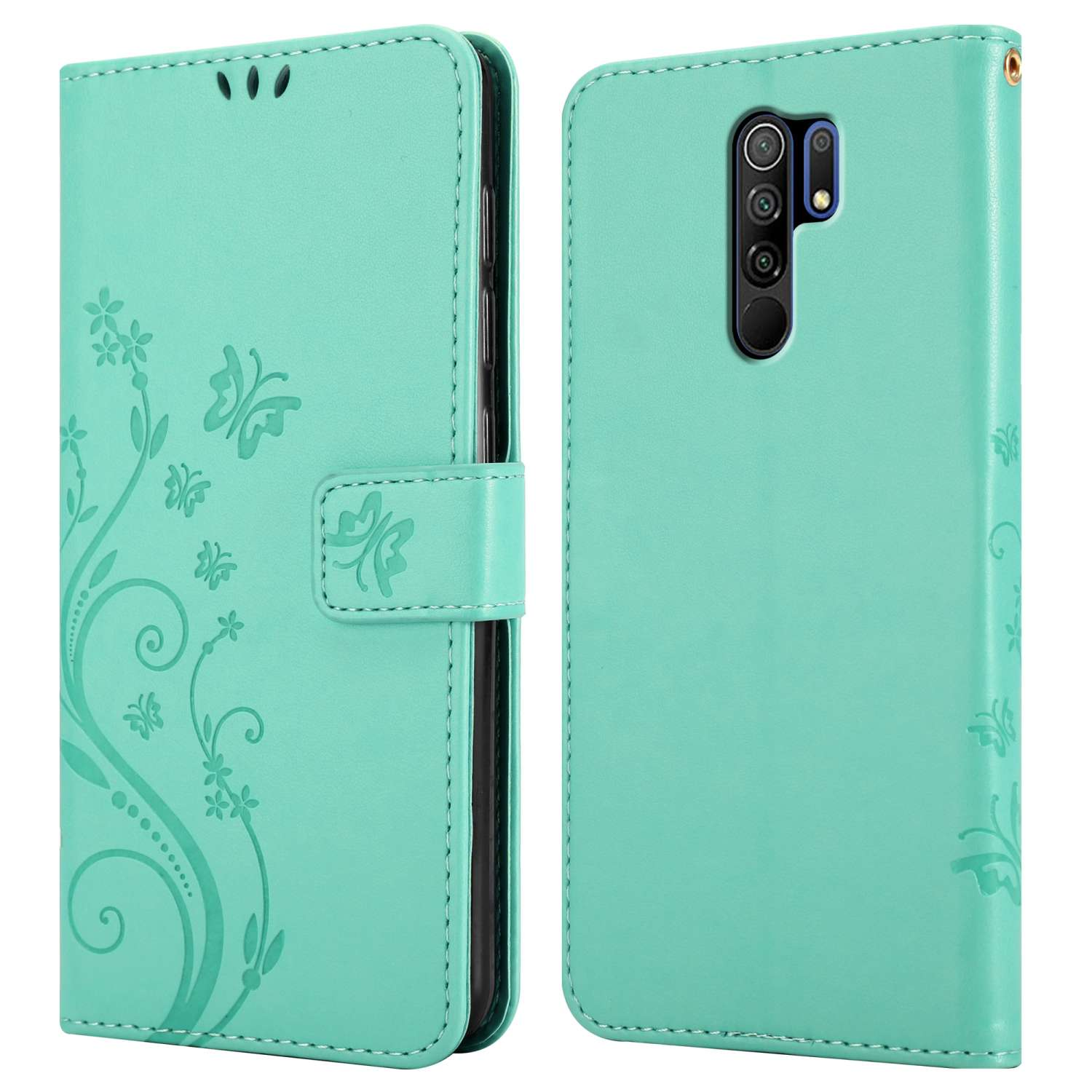 Custodia per telefono verde acqua, aperta, che mostra un telefono con un disegno a farfalla. Sono visibili anche i fiori.