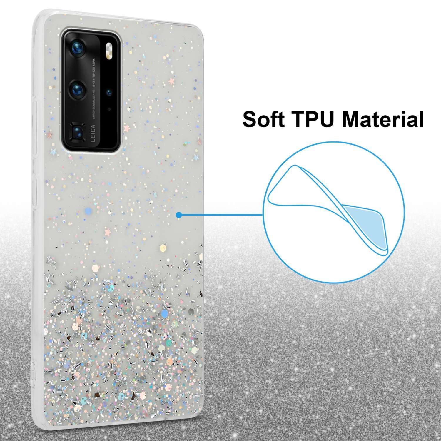 Eine Handyhülle mit Glitzer. Die Rückseite der Handyhülle ist sichtbar.