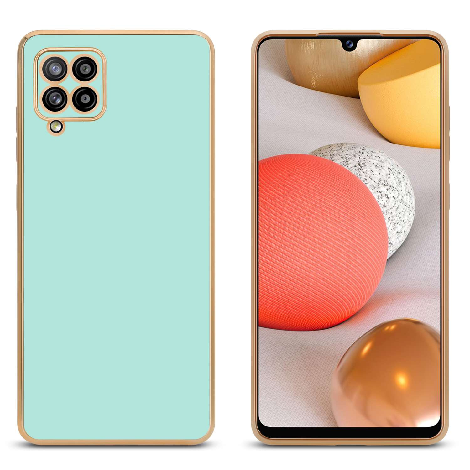 Una custodia per telefono color menta con bordo dorato accanto a un telefono con oggetti colorati.