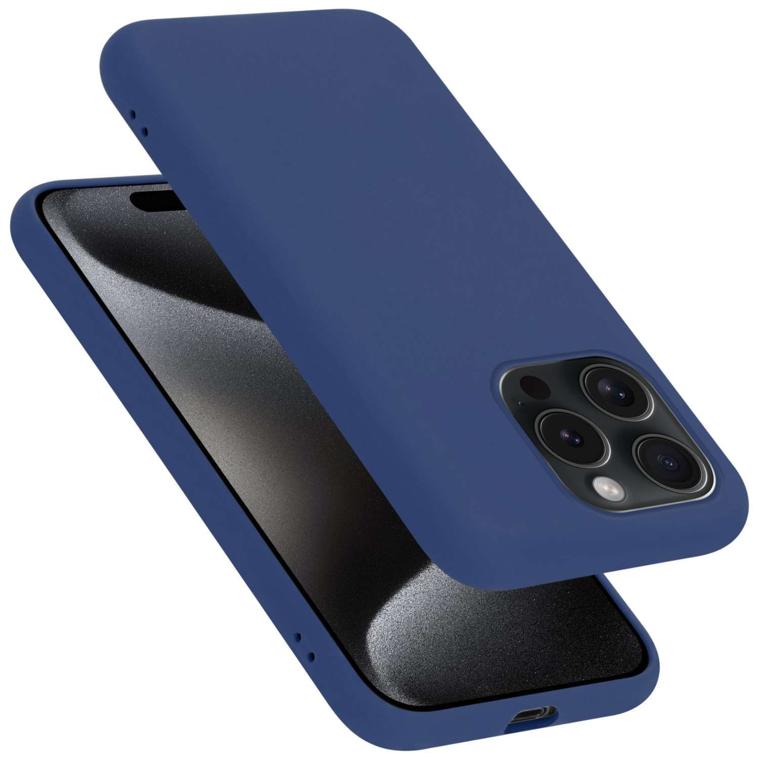 Blaues Telefon mit passender Hülle. Die Hülle ist abgewinkelt, um die Funktionen zu zeigen.