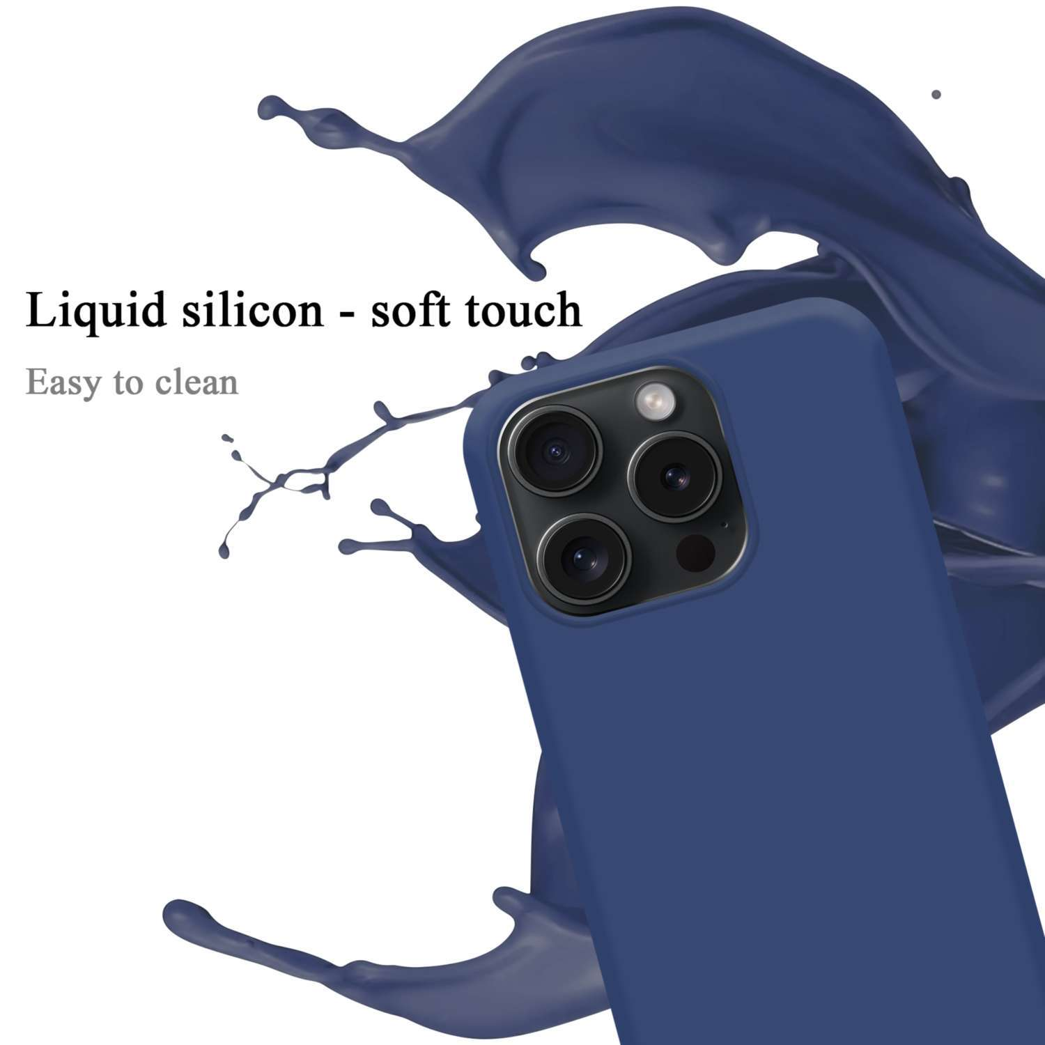 Eine blaue Handyhülle mit einem Telefon darin. Ein blauer Spritzer ist an der Seite.