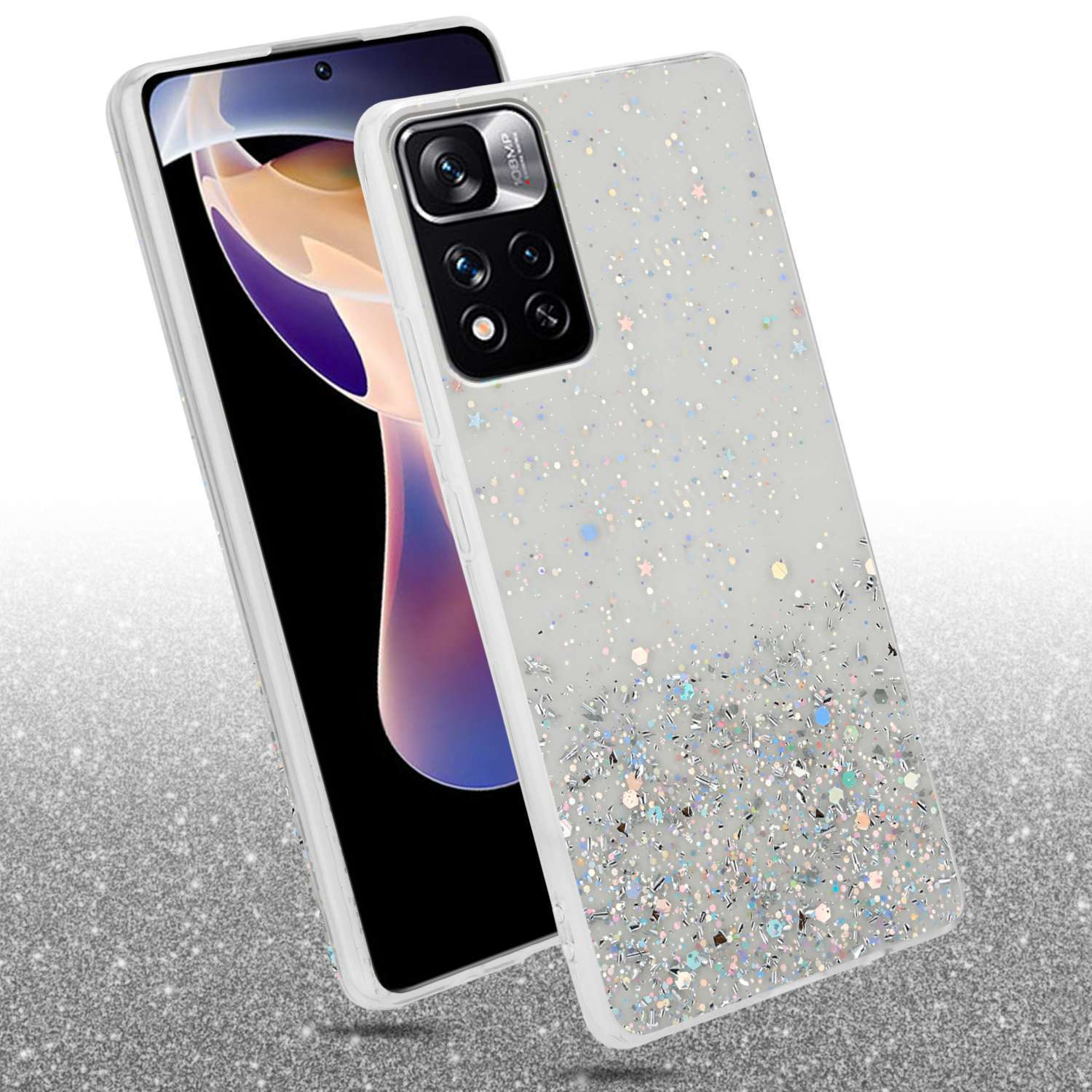 Custodia per telefono con glitter. Il telefono è visibile dietro la custodia ed è lucido.