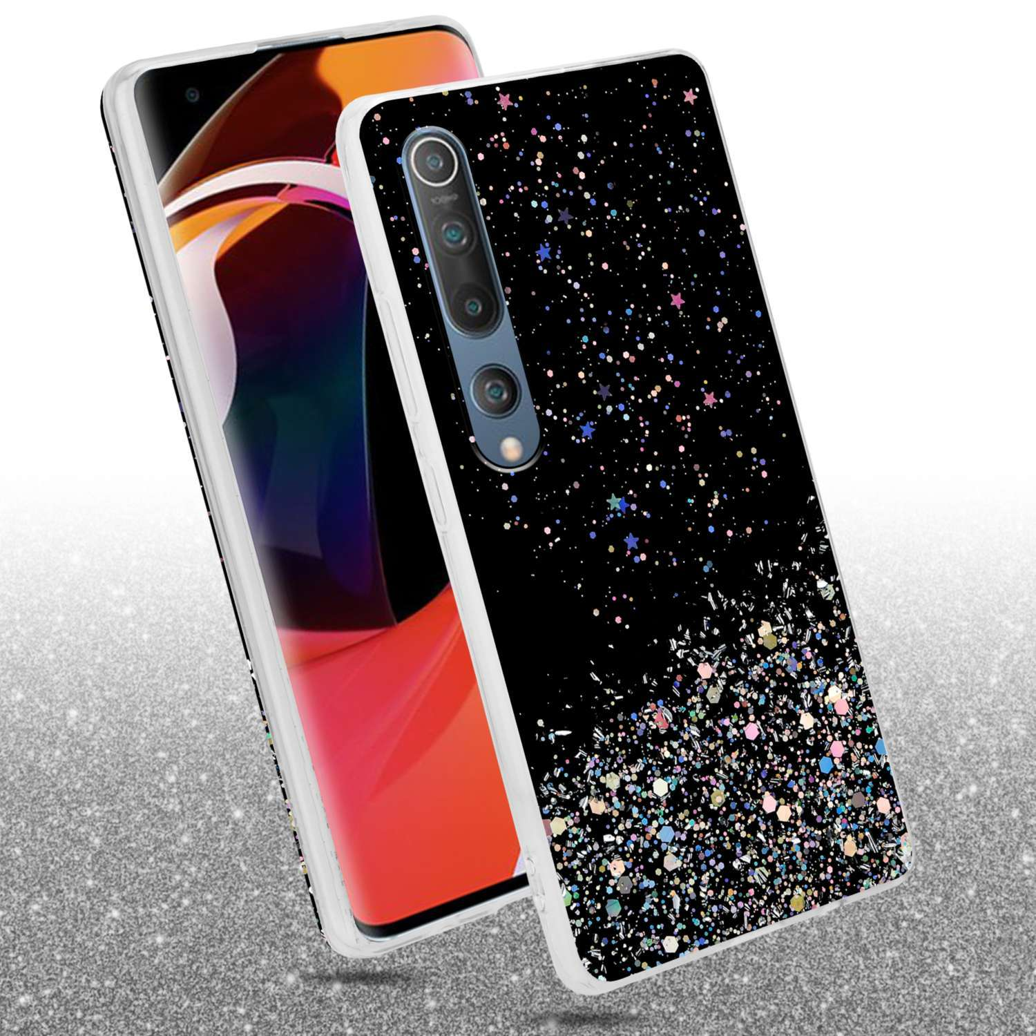 Custodia nera con glitter e stelle. Sfondo bianco.
