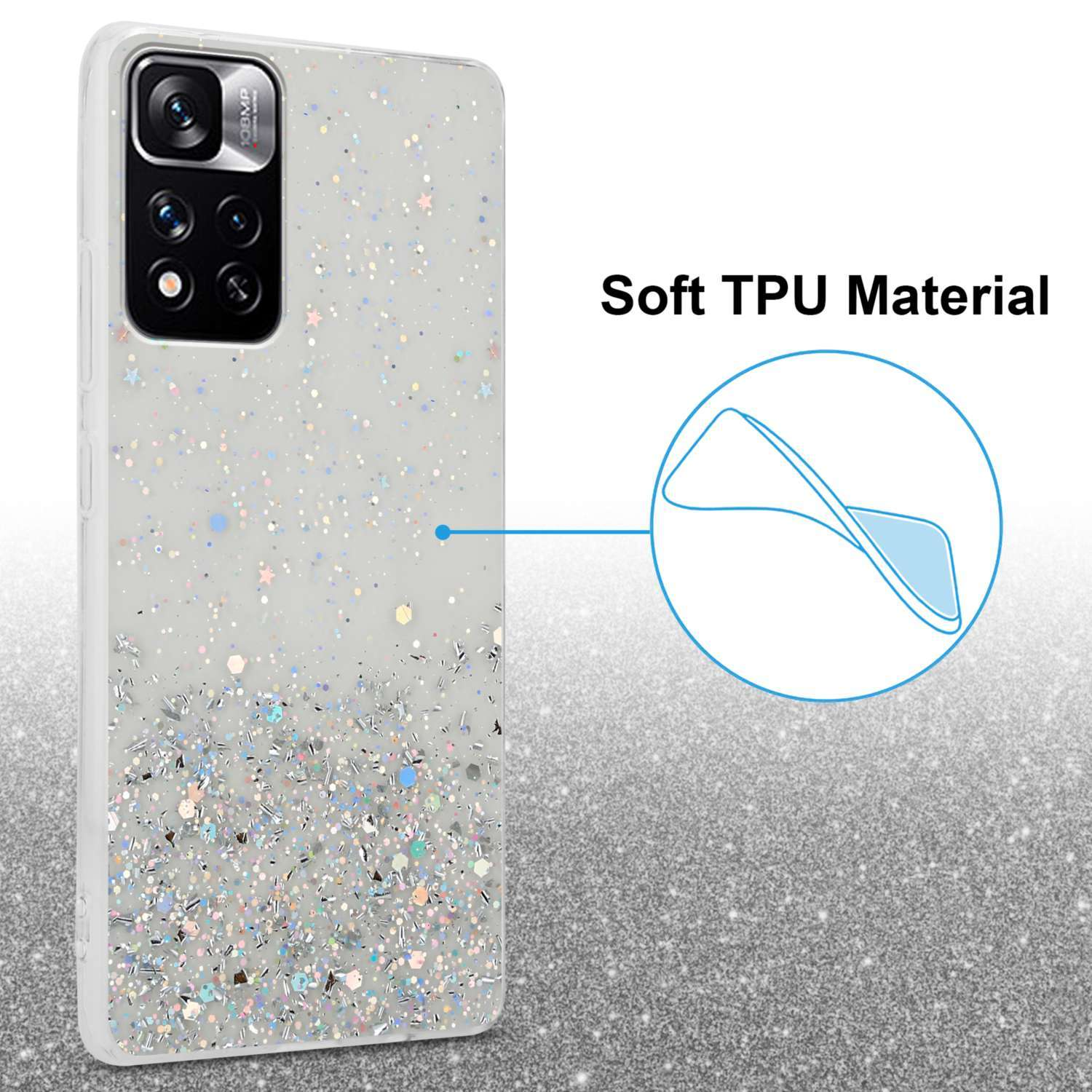 Una custodia per telefono con glitter e un contorno del telefono. Lo sfondo è argento.