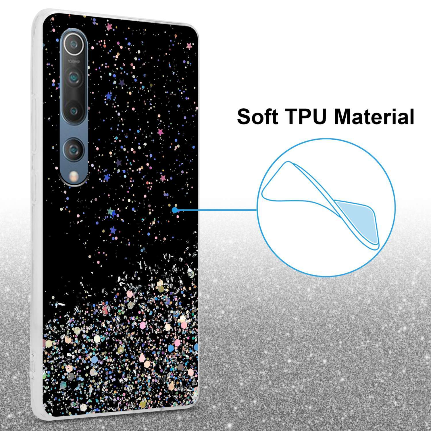 Custodia nera per telefono con glitter e un telefono. Realizzata in morbido materiale TPU. Su superficie glitterata.