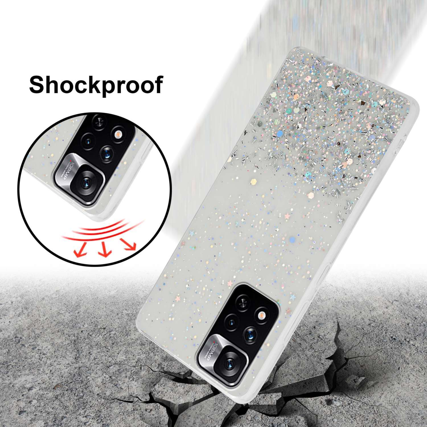 Una custodia per telefono con glitter e un telefono. Testo 'Antiurto' e frecce alla custodia.