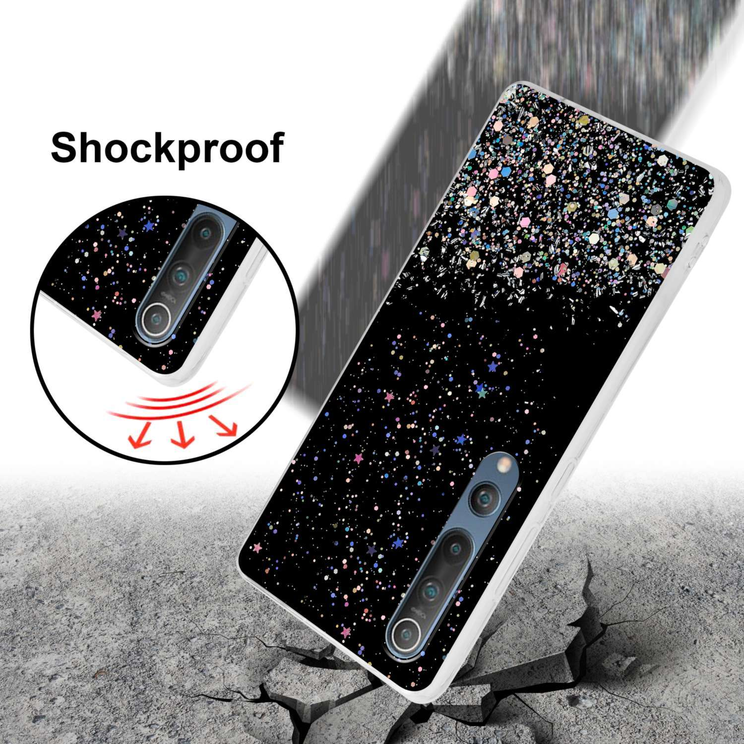 Una custodia per telefono nera con design glitterato, che cade su un terreno incrinato, indicatore di danno.