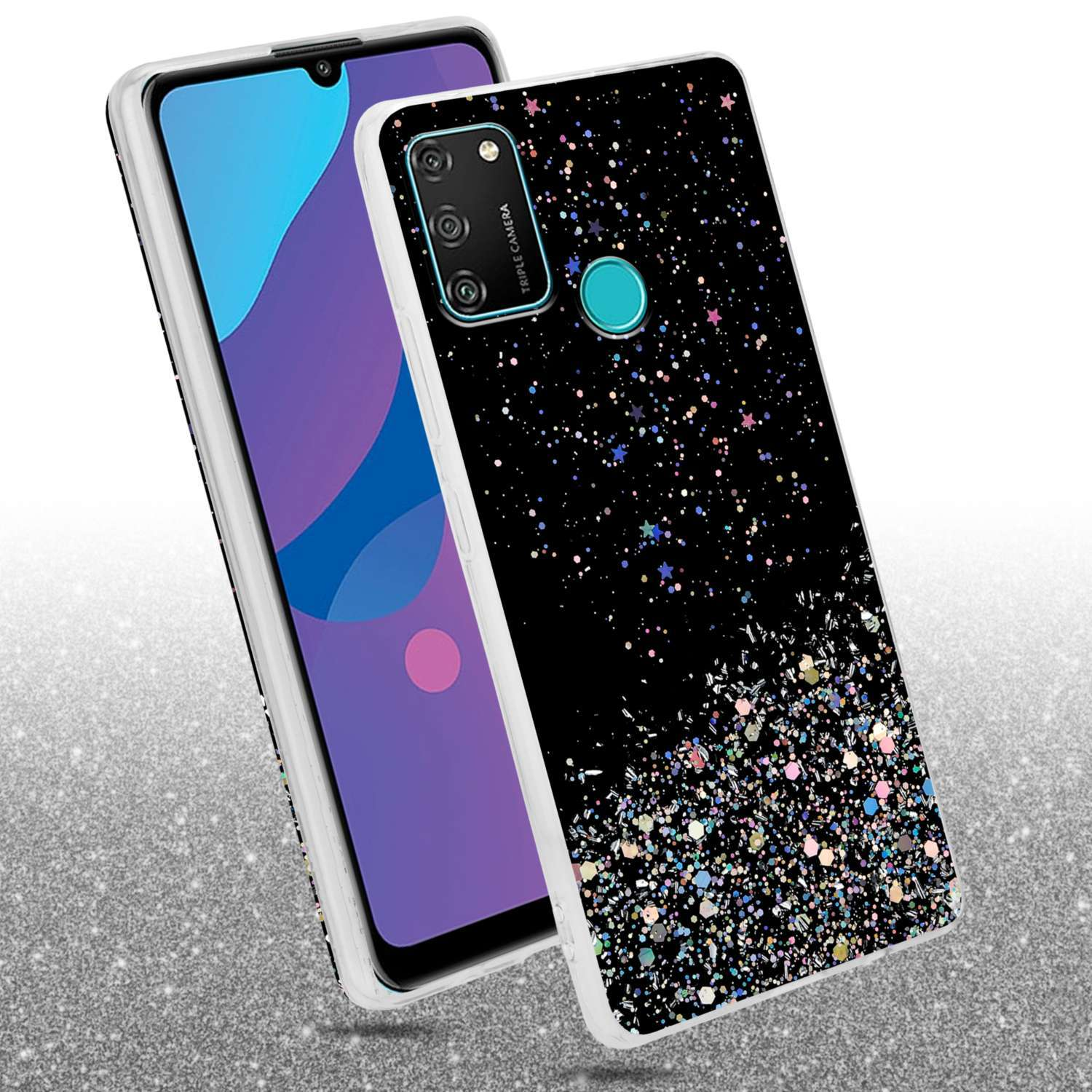 Ein Telefon in einer schwarzen Glitzerhülle. Die Hülle hat ein schwarz-weißes Farbverlaufsdesign.