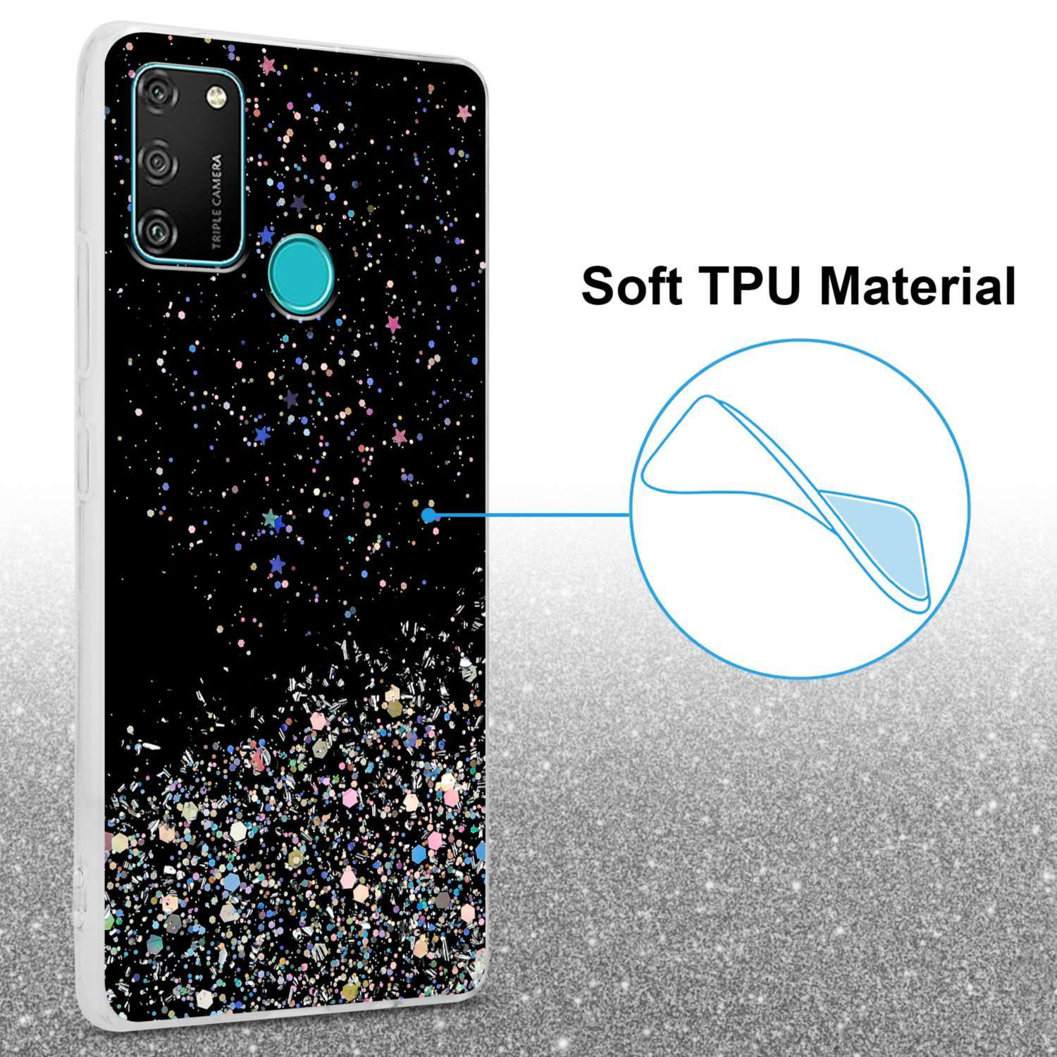 Schwarze Handyhülle mit Glitzerdesign und Dreifachkamera, weiches TPU-Material.