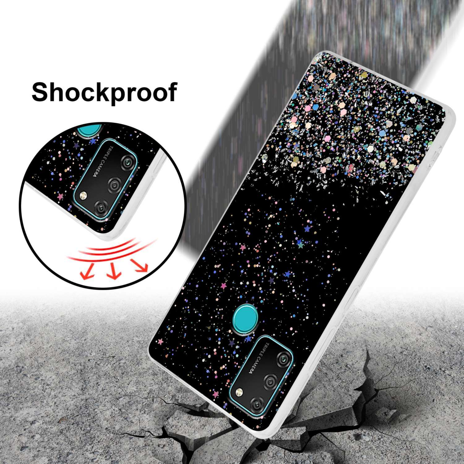 Schwarze Handyhülle mit Glitzerdesign, weißer Rand. Text: Stoßfest. Rissiger Boden im Hintergrund.
