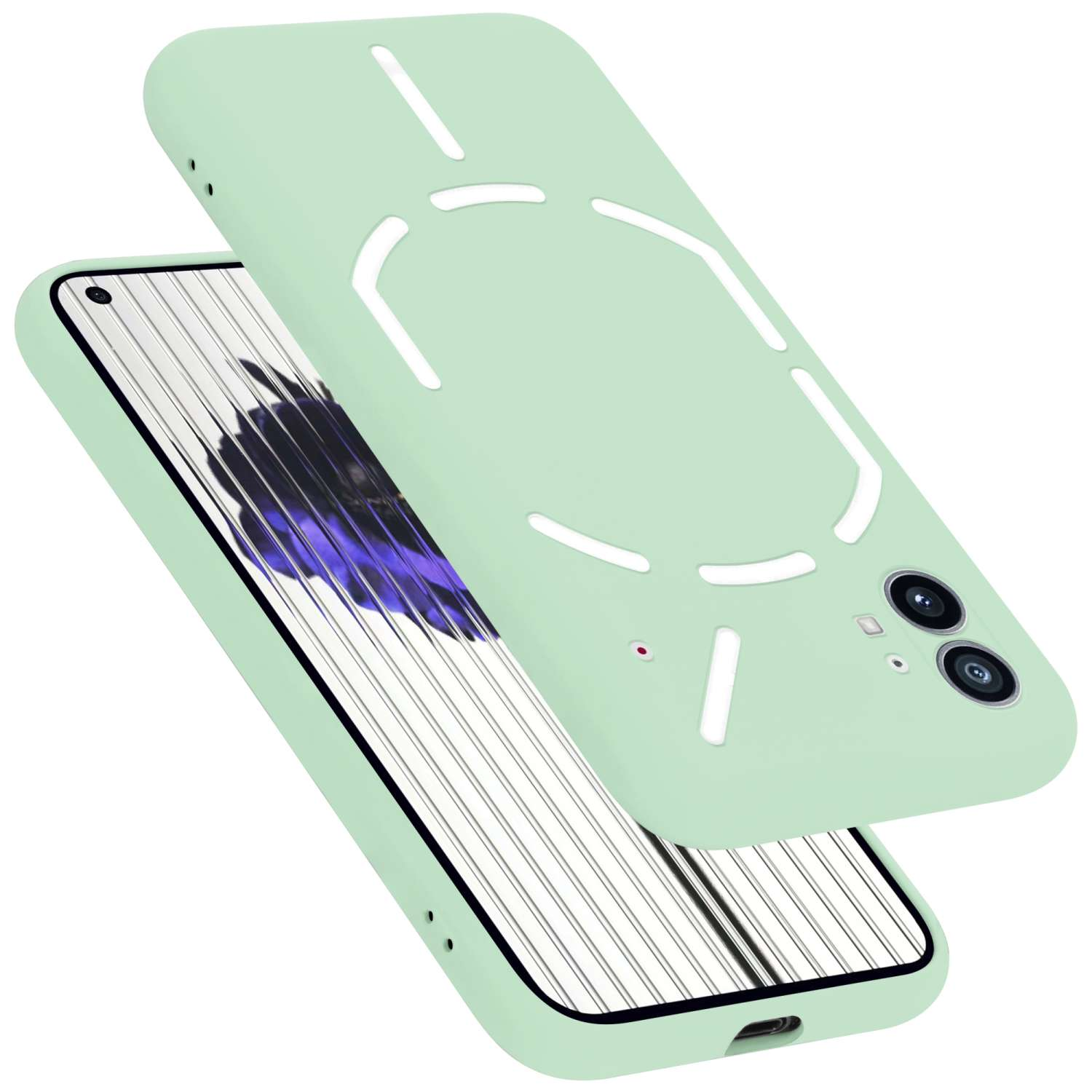 Eine hellgrüne Handyhülle mit weißem Design und ein Telefon daneben.