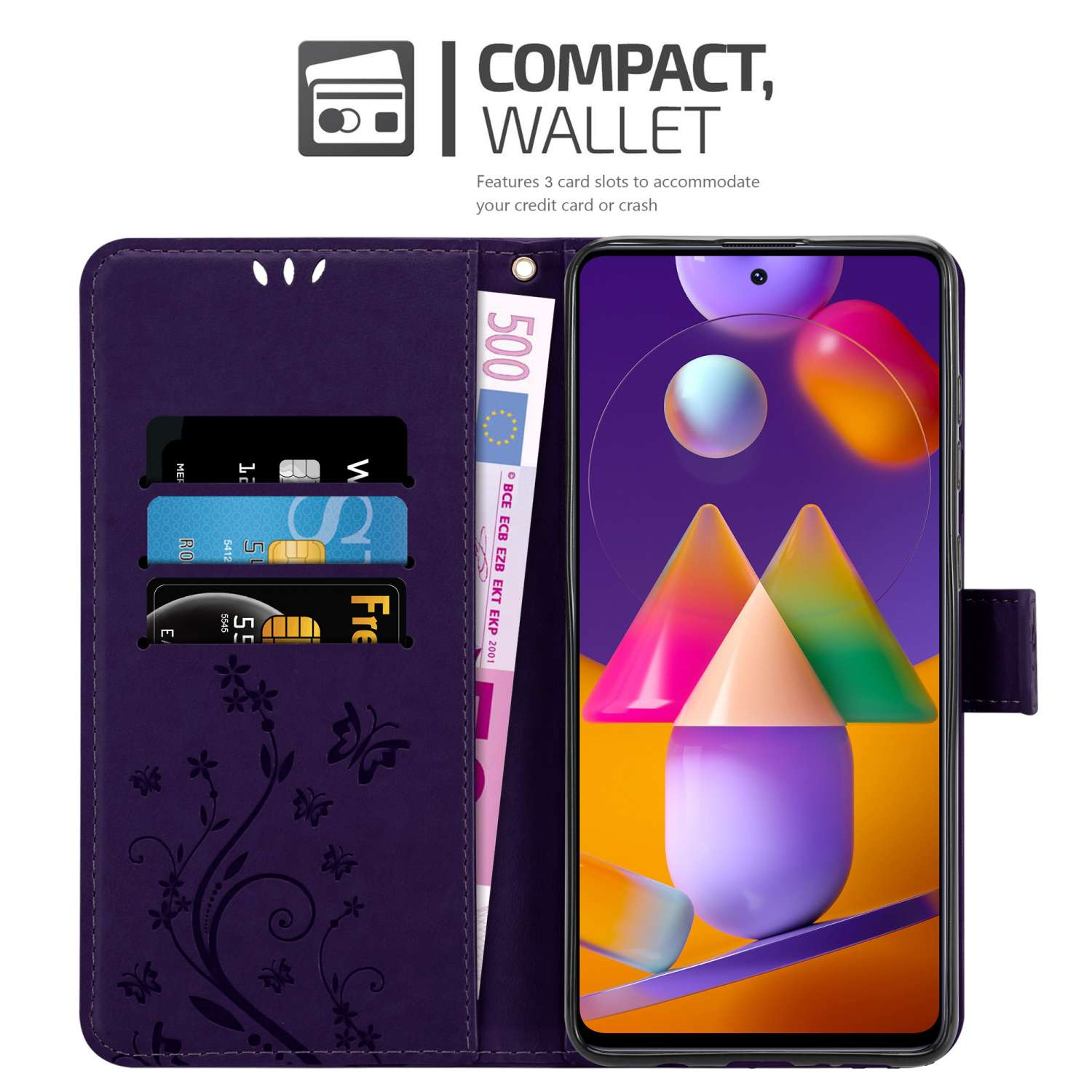 Custodia a portafoglio viola aperta con carte e denaro all'interno, con un telefono a destra. Sfondo bianco.