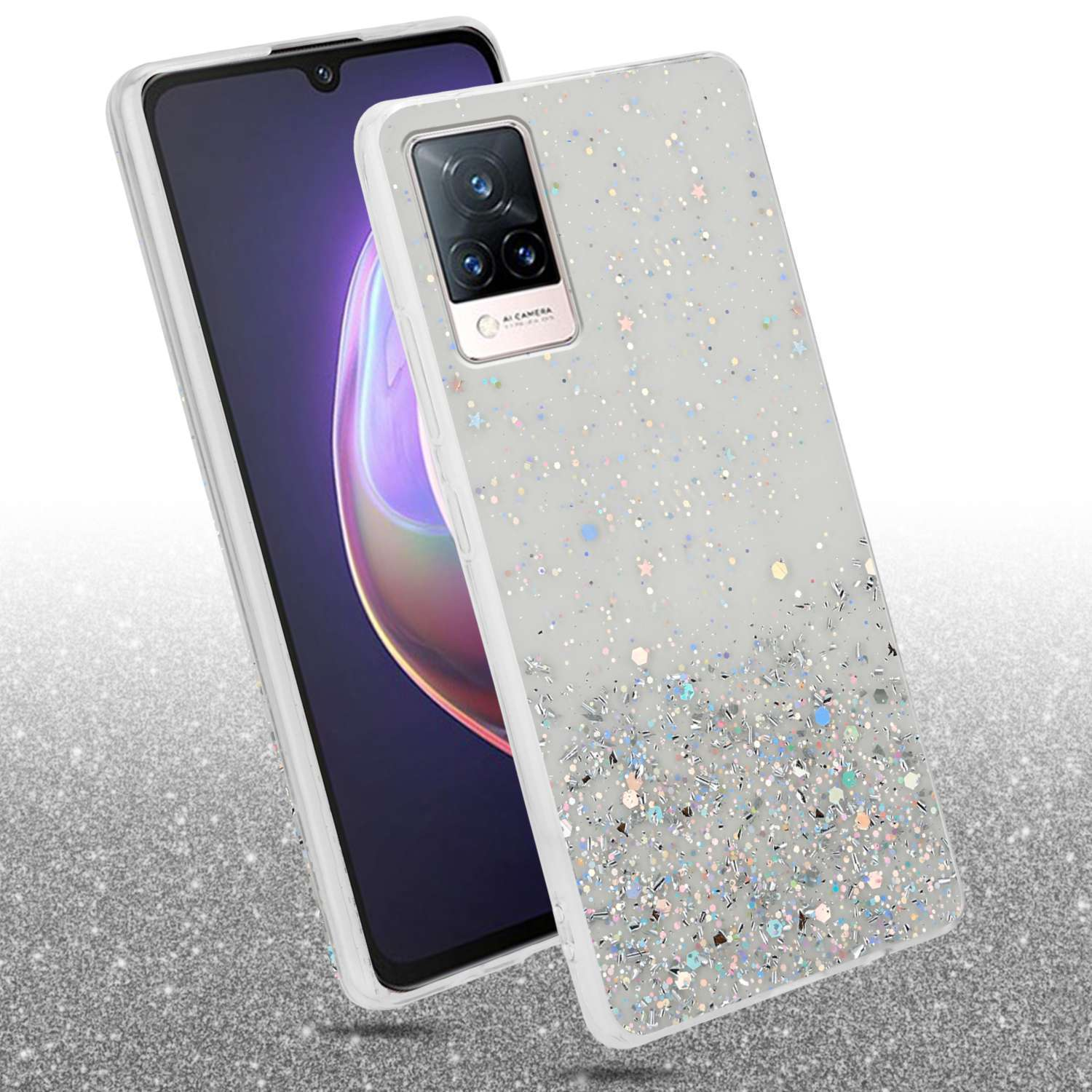 Custodia glitterata per telefono con un telefono all'interno, su una superficie glitterata.