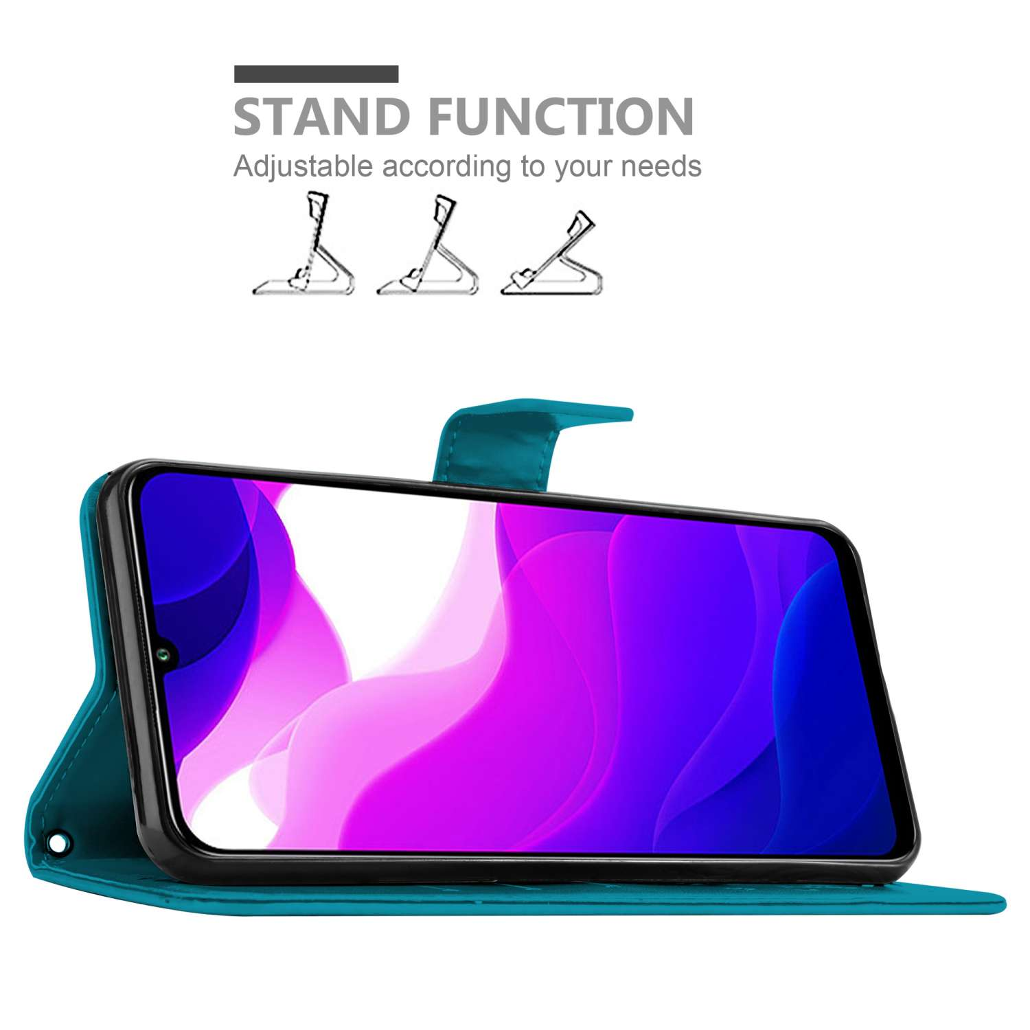 Custodia teal per telefono, telefono con schermo, funzione supporto, sfondo bianco.