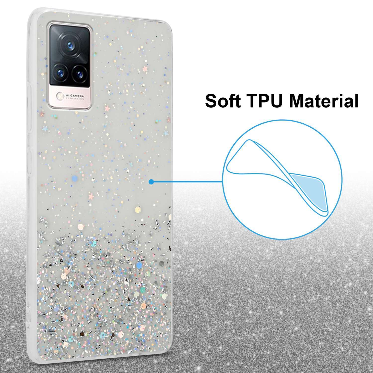 funkelnden Glitter, Glitter mit 5G, / CADORABO mit Schutzhülle 4G Backcover, Transparent Vivo, V21