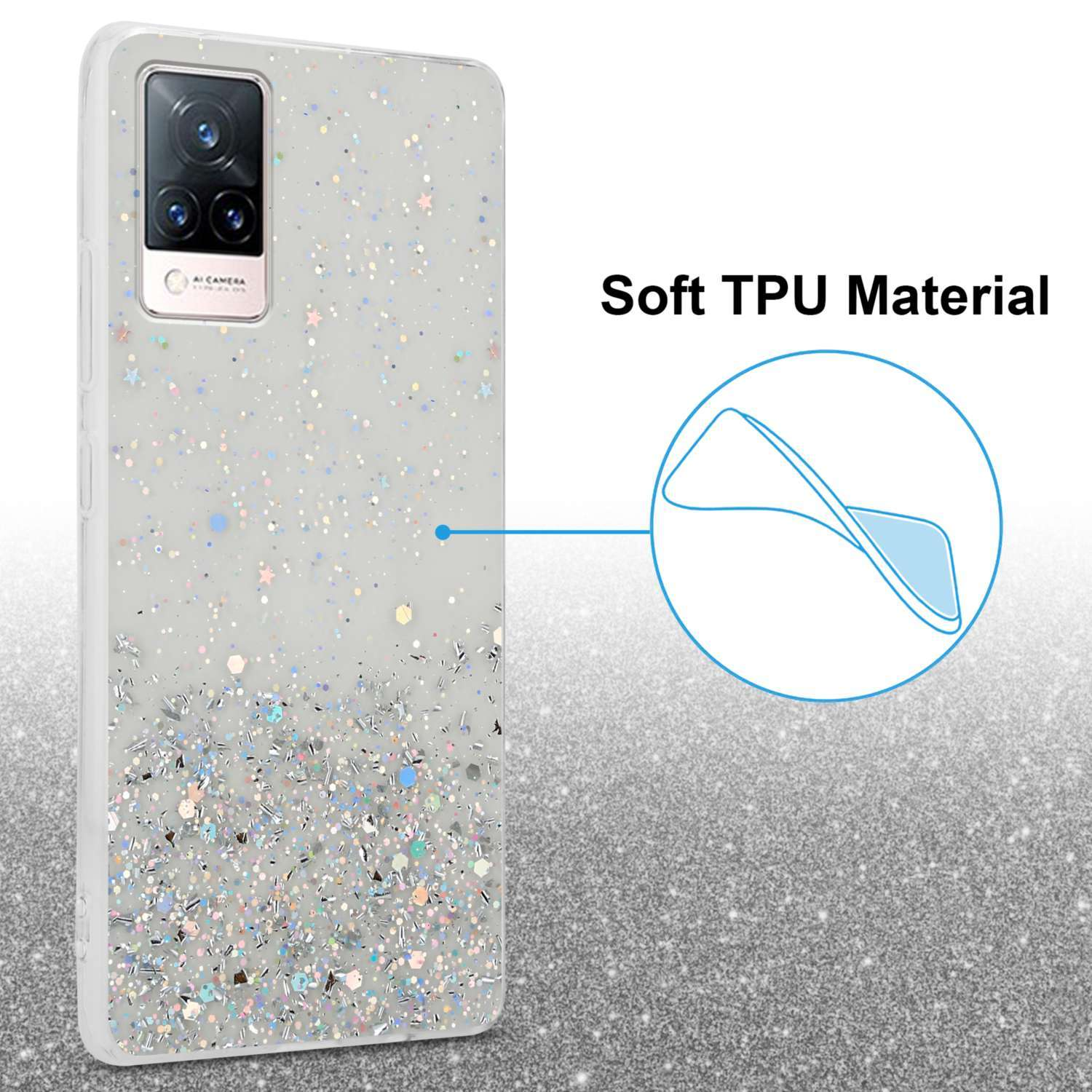 Custodia per telefono con design glitterato bianco, tenuta in mano. Viene evidenziato TPU morbido.