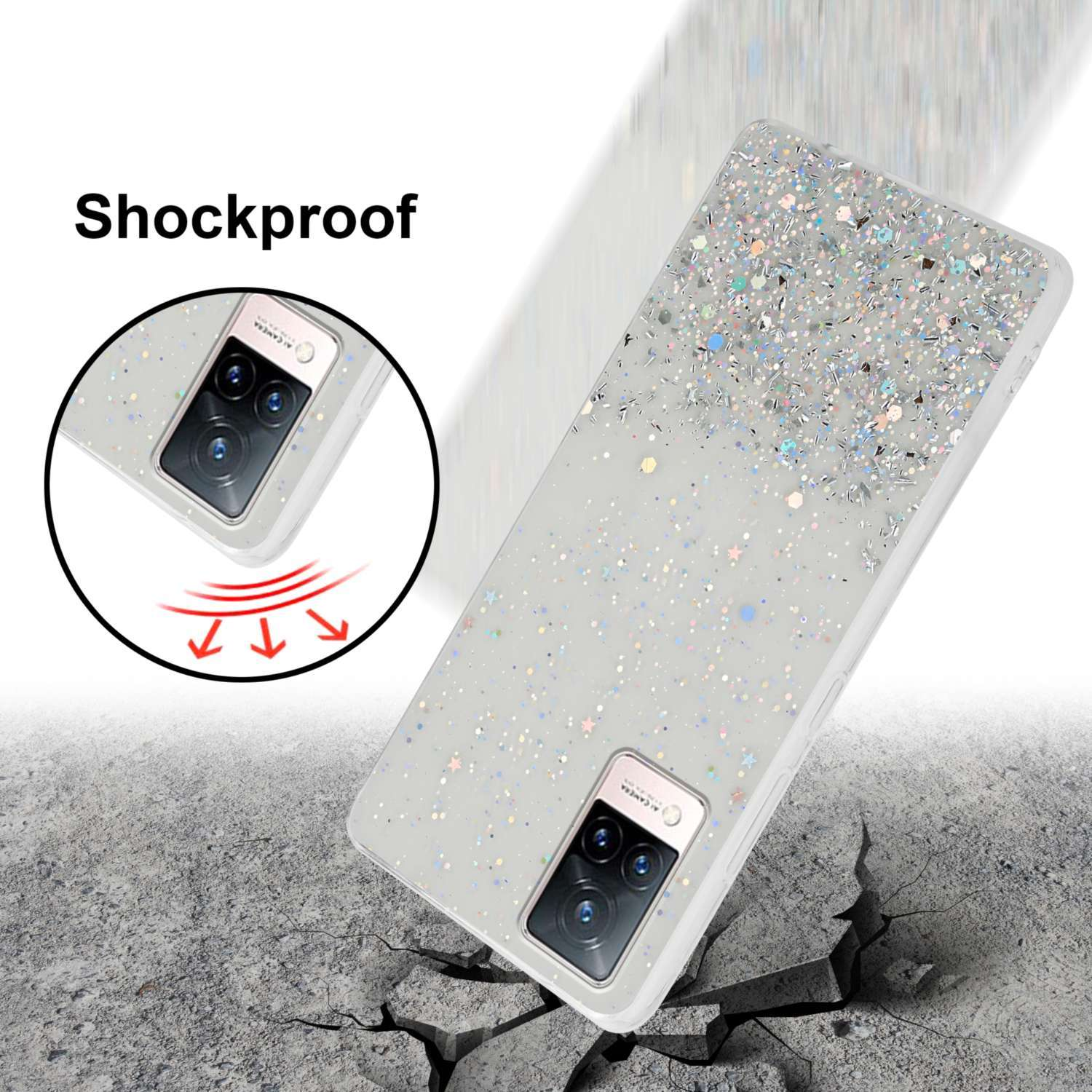 Una custodia per telefono con design glitterato che cade su cemento crepato.
