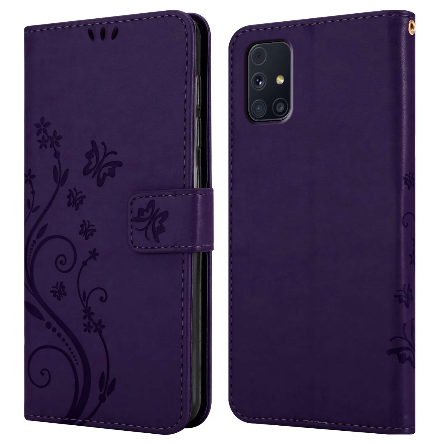 Custodia per telefono viola, aperta. Telefono sul lato destro. Design floreale a sinistra. Le farfalle sono visibili.