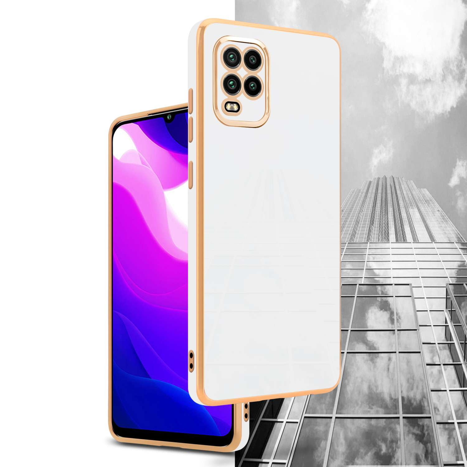 Custodia per telefono bianca e oro, mostrata con un telefono che mostra un'immagine rosa e viola. Sfondo con un edificio.