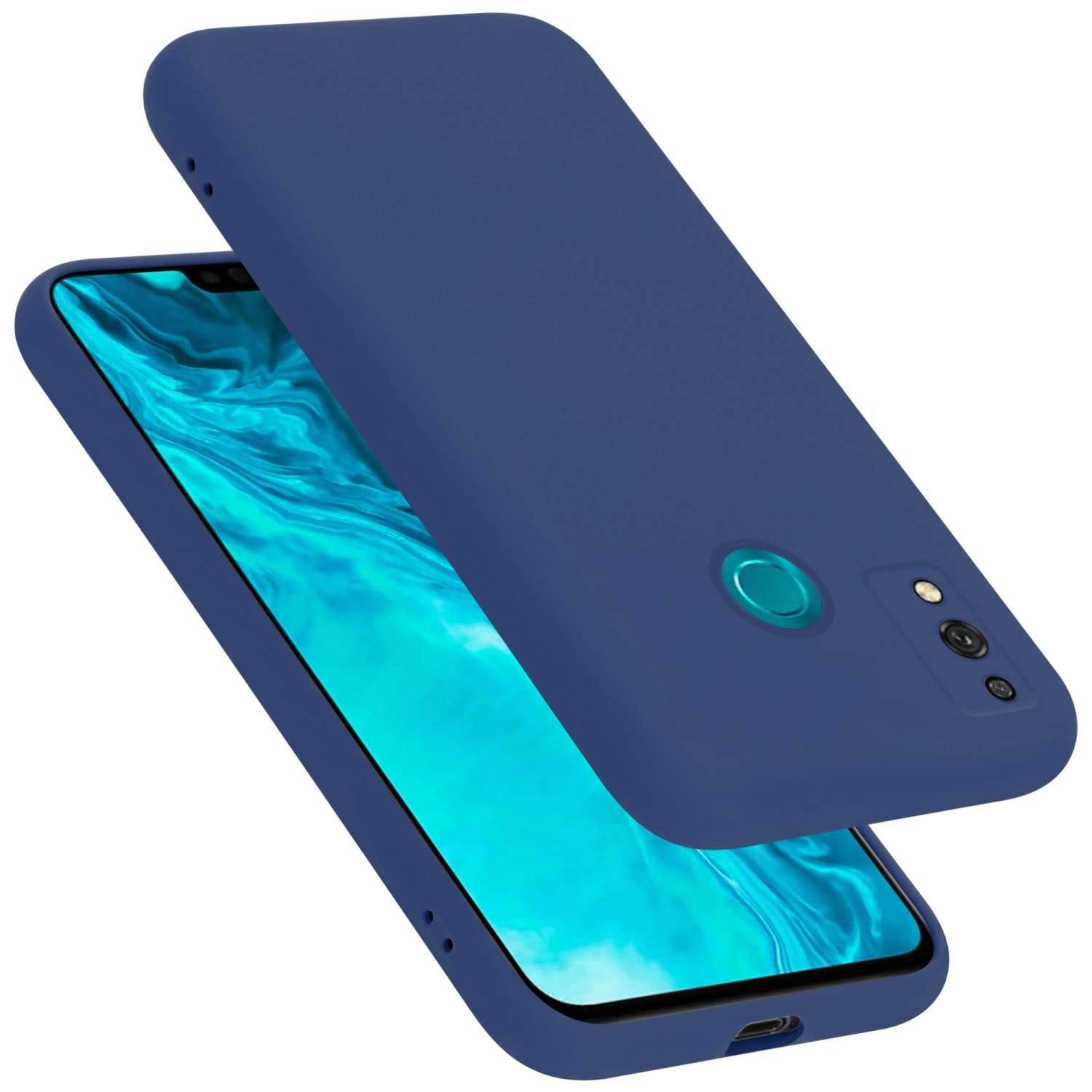 Eine blaue Handyhülle mit dem Telefon darin. Die Rückseite hat Kamera- und Blitzlöcher. Das Telefon ist blau.