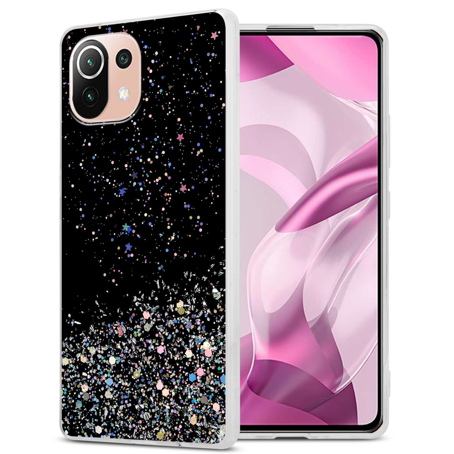 Schwarze Handyhülle mit buntem Glitzer- und Sterndesign. Das Telefon ist darin sichtbar.