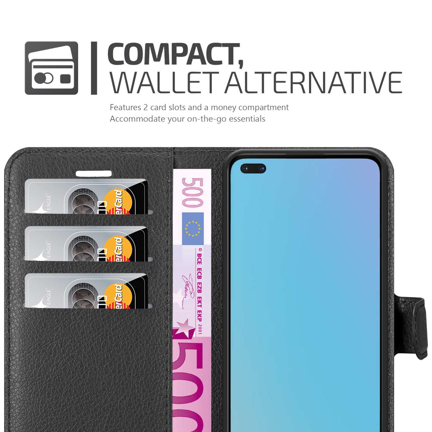 Custodia a portafoglio con carte e denaro visibili. 2 slot per carte e un vano porta soldi. Pelle nera.