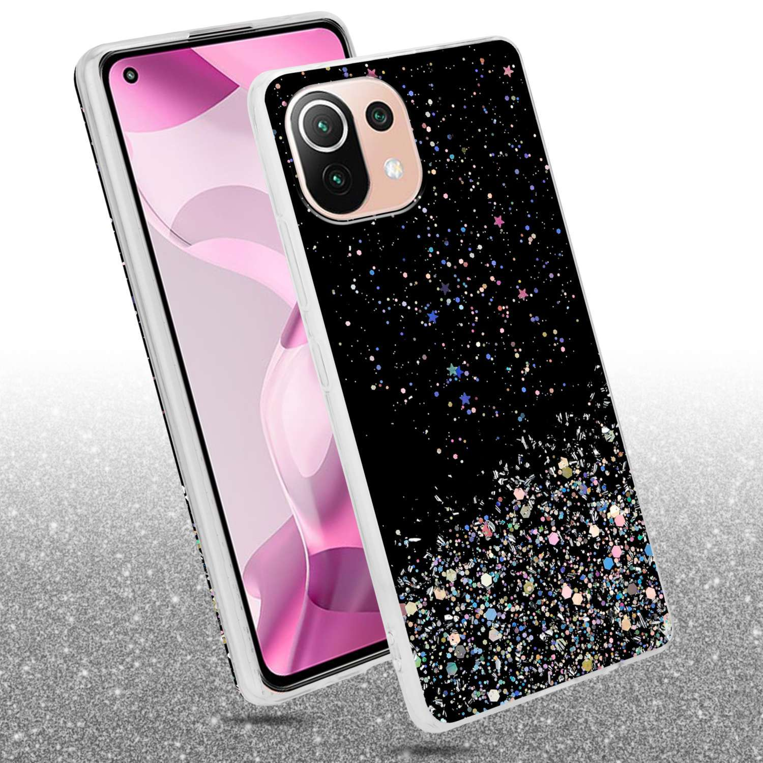 Eine Handyhülle mit schwarzem Glitzerdesign. Ein Telefon ist teilweise in der Hülle sichtbar.