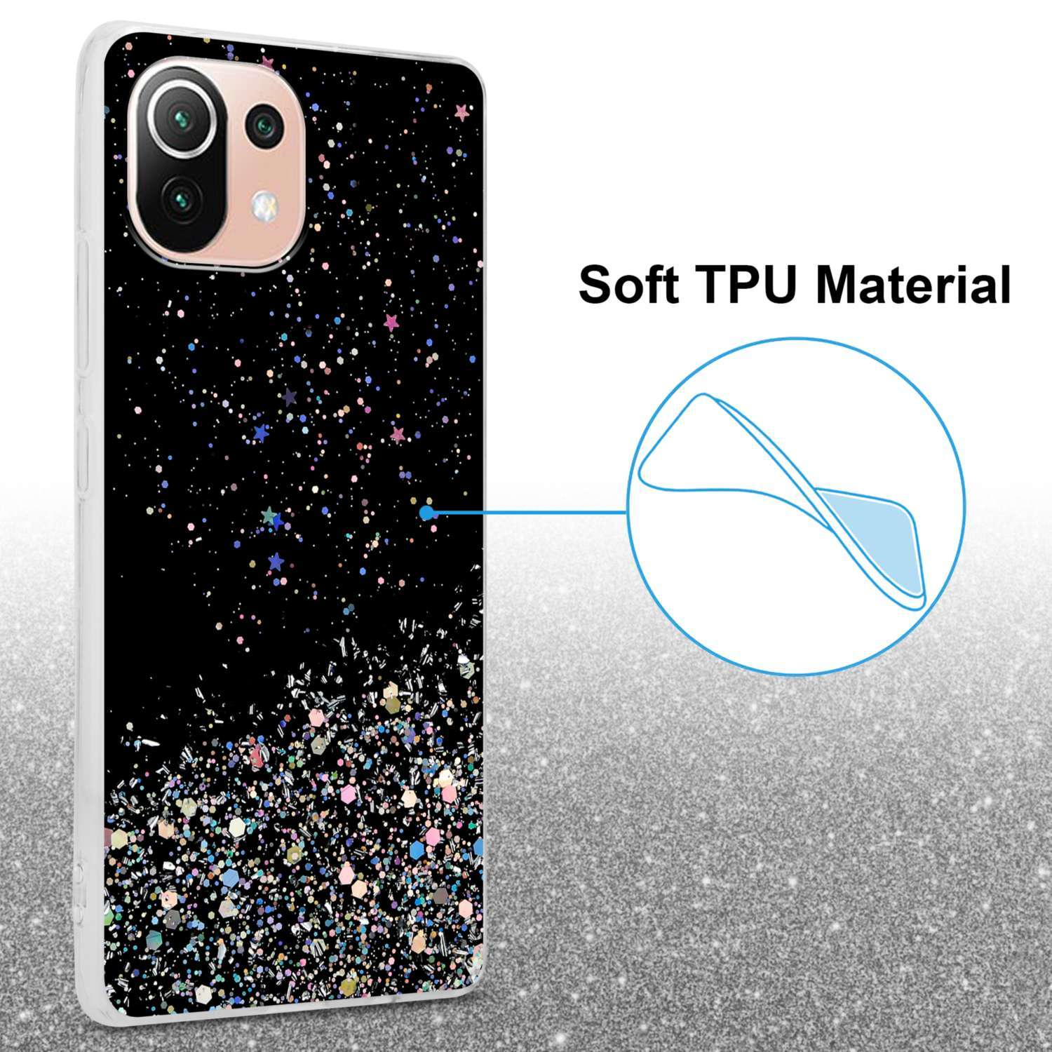 Schwarze Handyhülle mit Glitzereffekt. Sie besteht aus weichem TPU-Material.